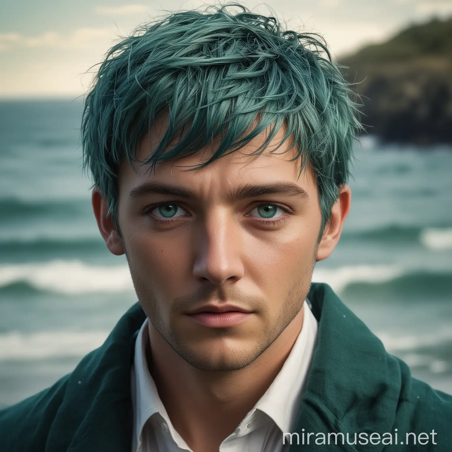 Mystical Wizard with SeaGreen Eyes and Flowing Blue Hair