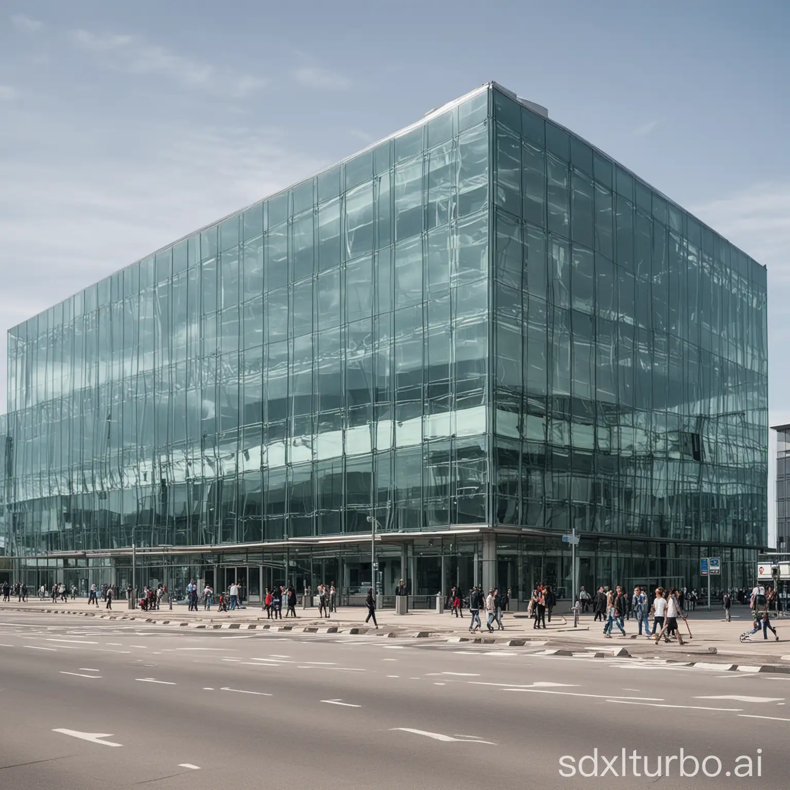 A large glass building with a modern design. The building is located in a busy area, near the airport. There are people walking and driving in the background.
