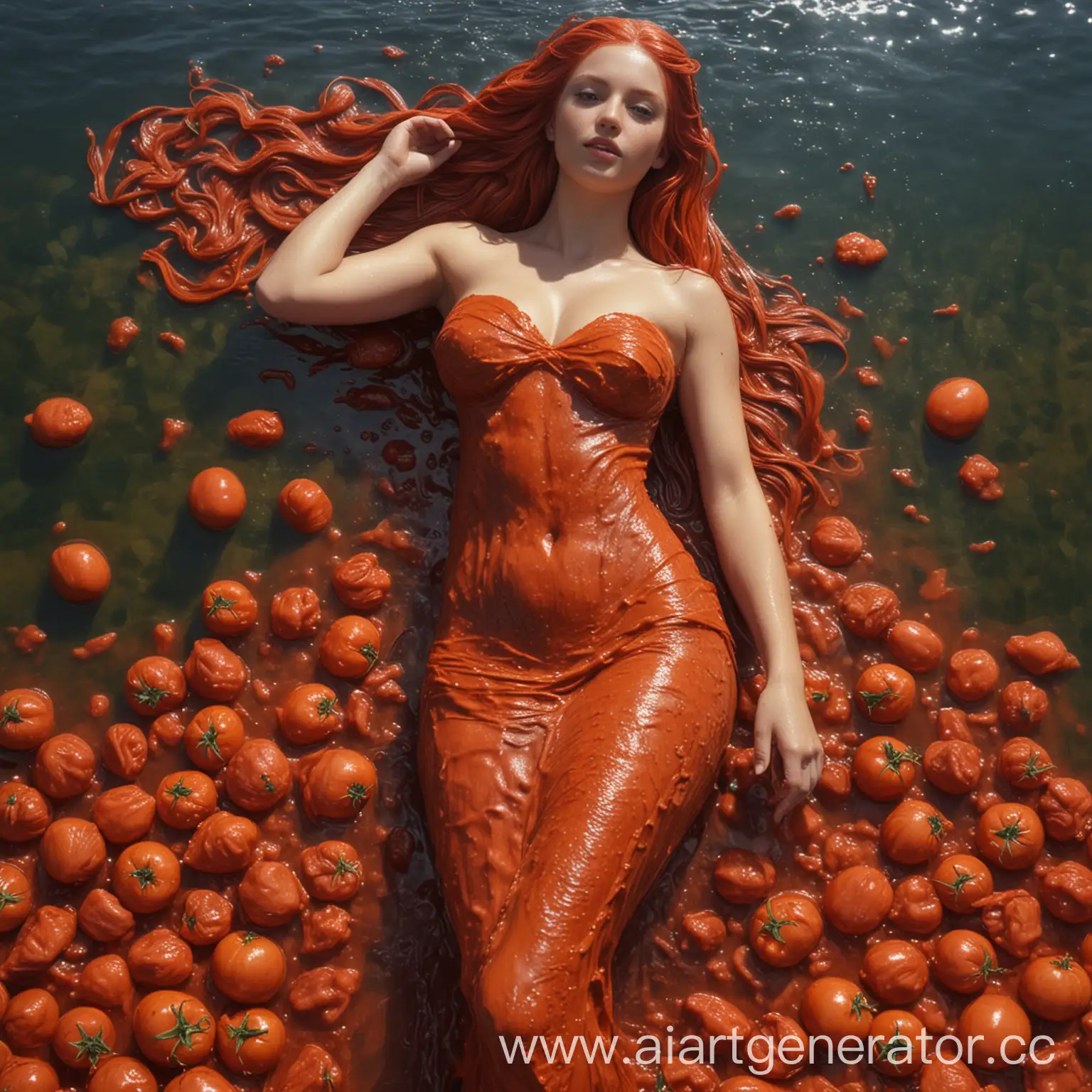 Hyperrealistic-Mermaid-Portrait-in-Tomato-Paste-with-Light-Hair