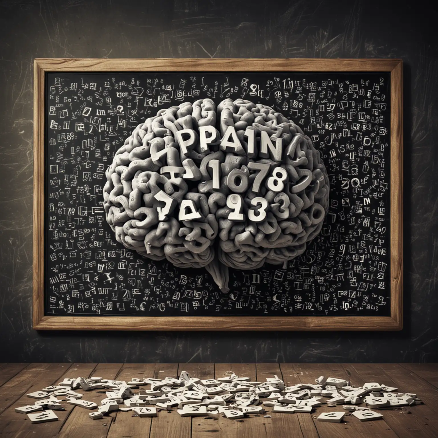 a chalkboard with lots of random numbers and letters floating around an image of a brain