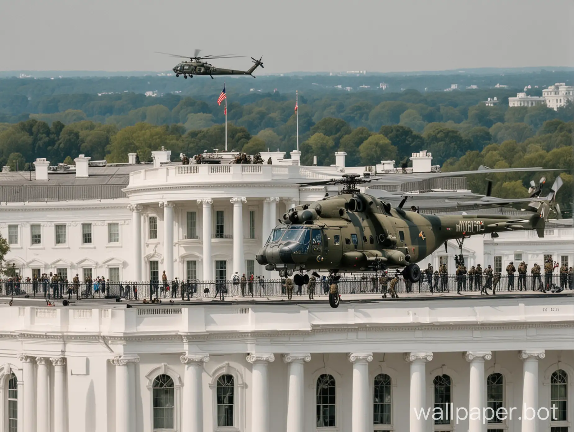 вертолет ми-8 высаживает десант солдат на крышу Белого дома в Вашингтоне. ясный день