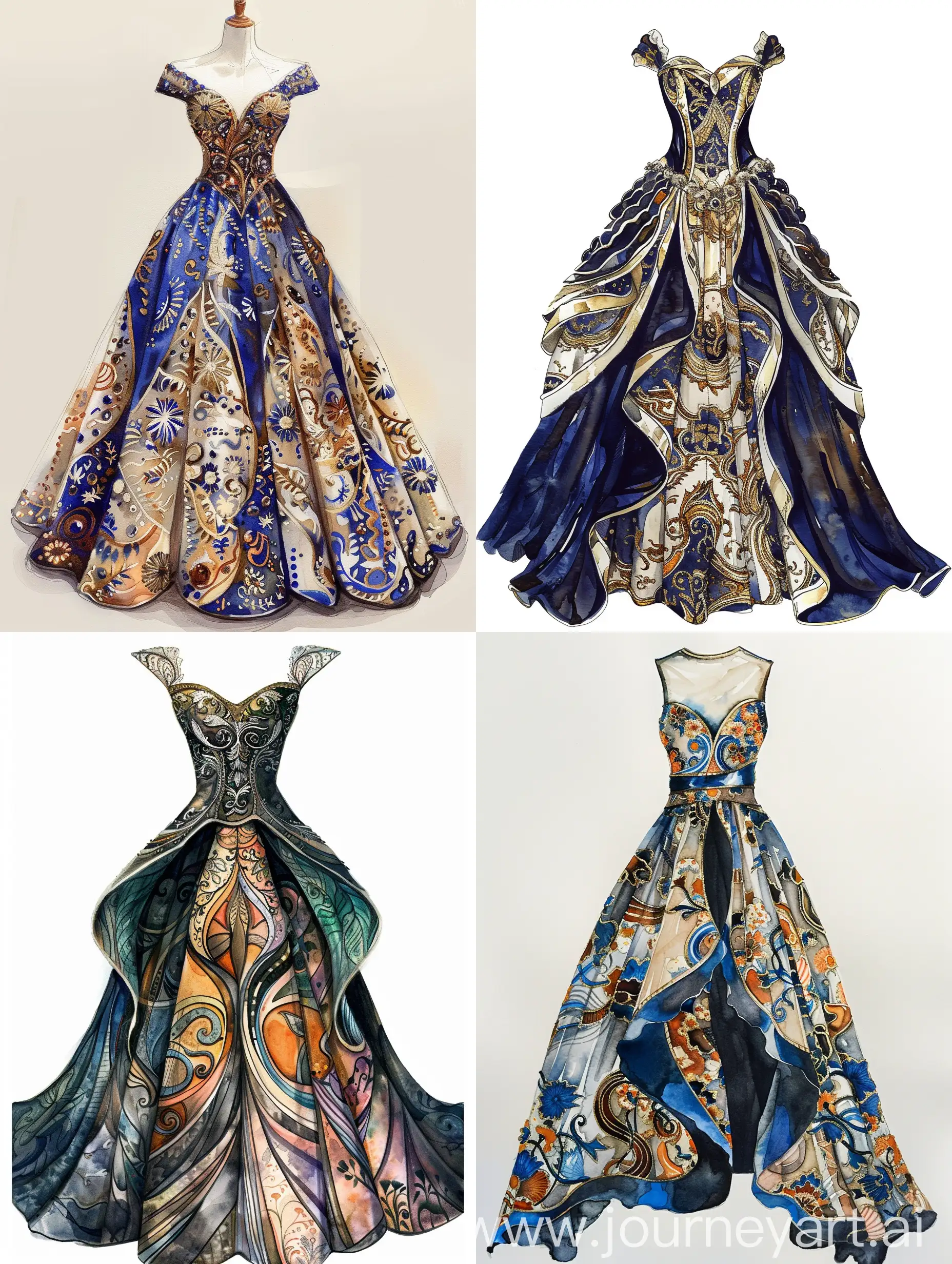 A haute couture dress adorned with intricate murrine glass patterns, merging Baroque and modern fashion illustration styles.