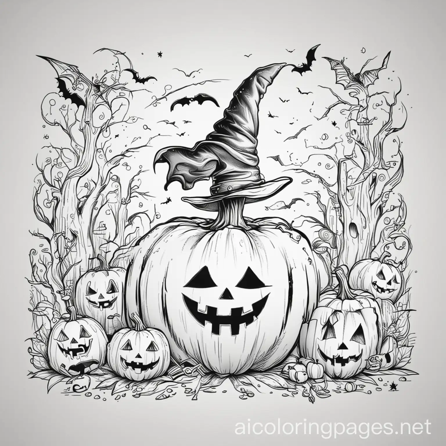 happy halloween black and white coloring pages, Coloring Page, black and white, line art, white background, Simplicity, Ample White Space. The background of the coloring page is plain white to make it easy for young children to color within the lines. The outlines of all the subjects are easy to distinguish, making it simple for kids to color without too much difficulty