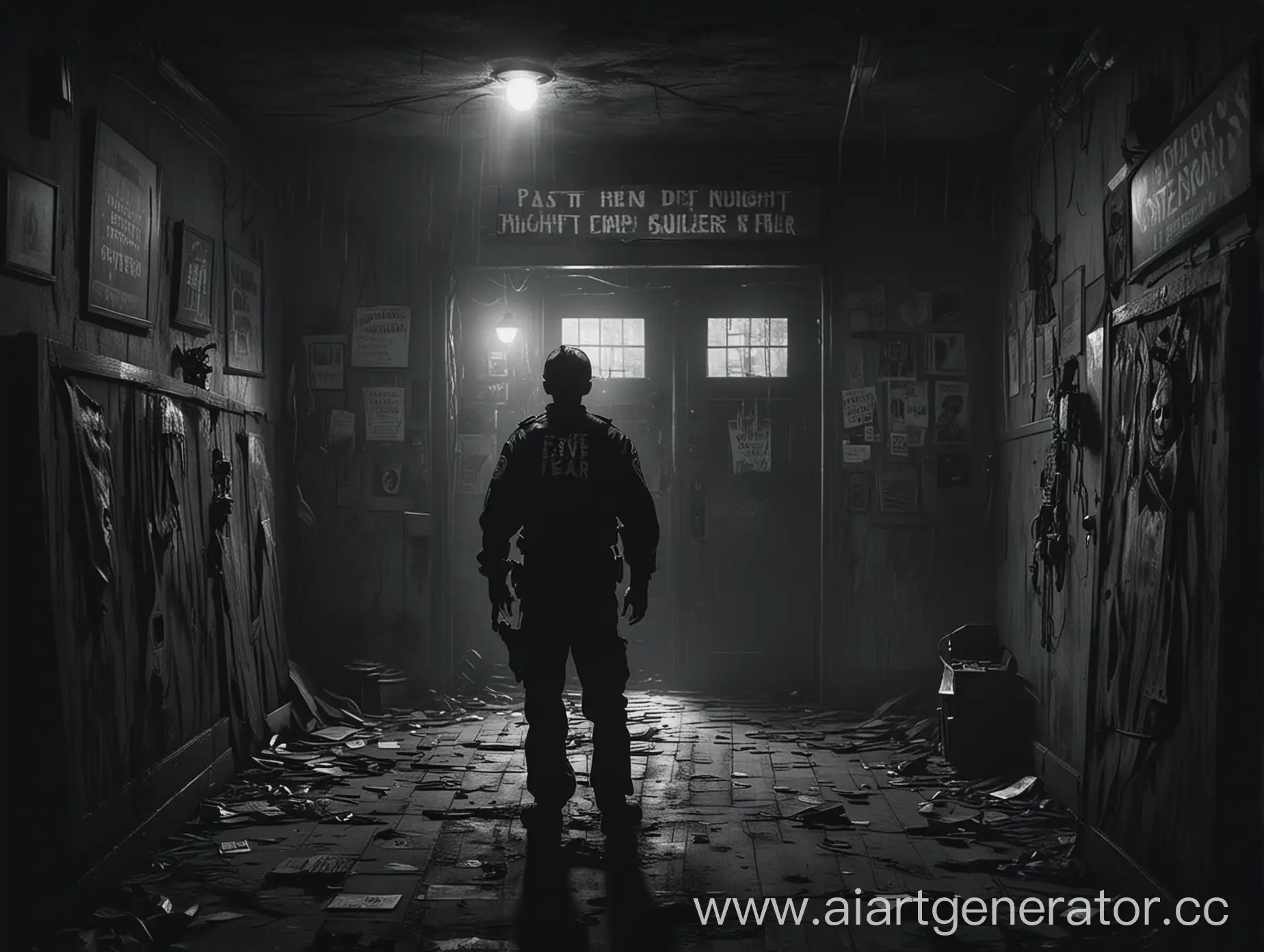 Create an epic, gothic rock-inspired illustration for a song titled "Five Nights of Fear." The image should depict a lone security guard in a dark, eerie control room surrounded by animatronic figures with menacing expressions. The setting should be atmospheric, with flickering lights, shadowy corners, and the glow of security monitors showing the haunted pizzeria. Include subtle details hinting at the haunted history, like ghostly children's faces or faded posters. The overall mood should be intense, foreboding, and cinematic, capturing the essence of the song's narrative and the fear experienced during the night shifts.