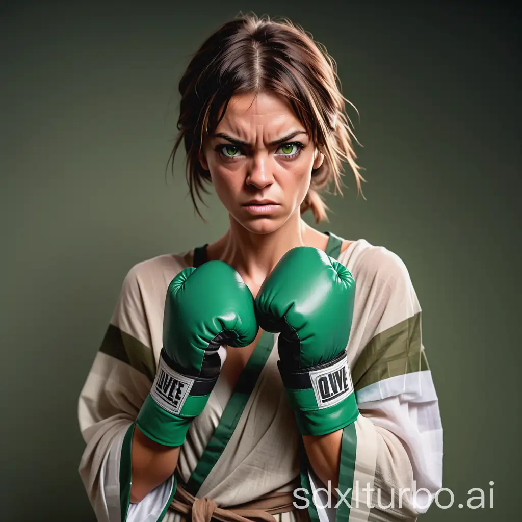 A boxer woman with a square face wanting to fight, her hands are wrapped with strips of fabric, she is wearing a loose tunic. Brown hair, olive skin, green eyes, determined and hard