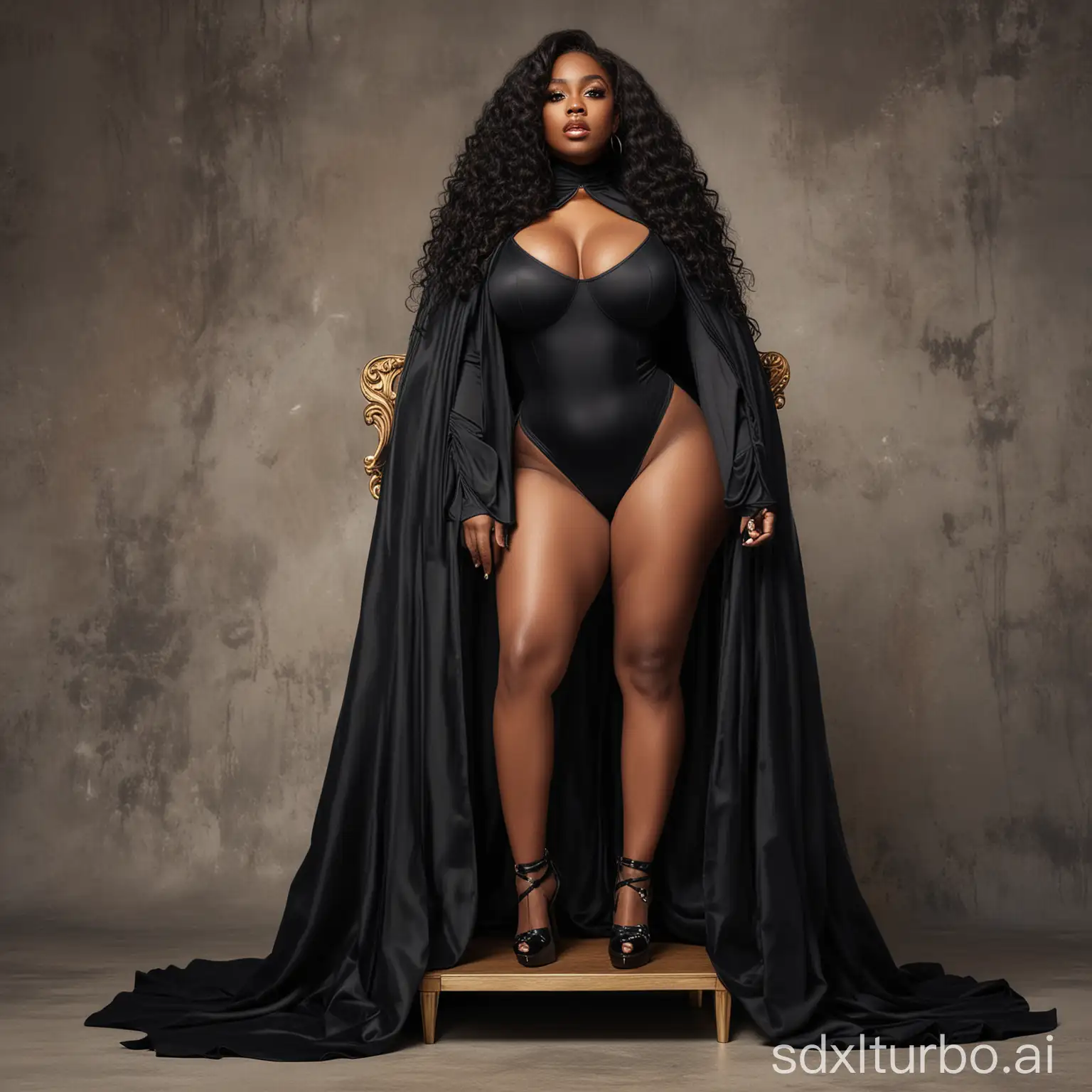 black woman, large breasts, long curvy hair, wears black cape with high collar, wears high heels, sitting on an elevated throne