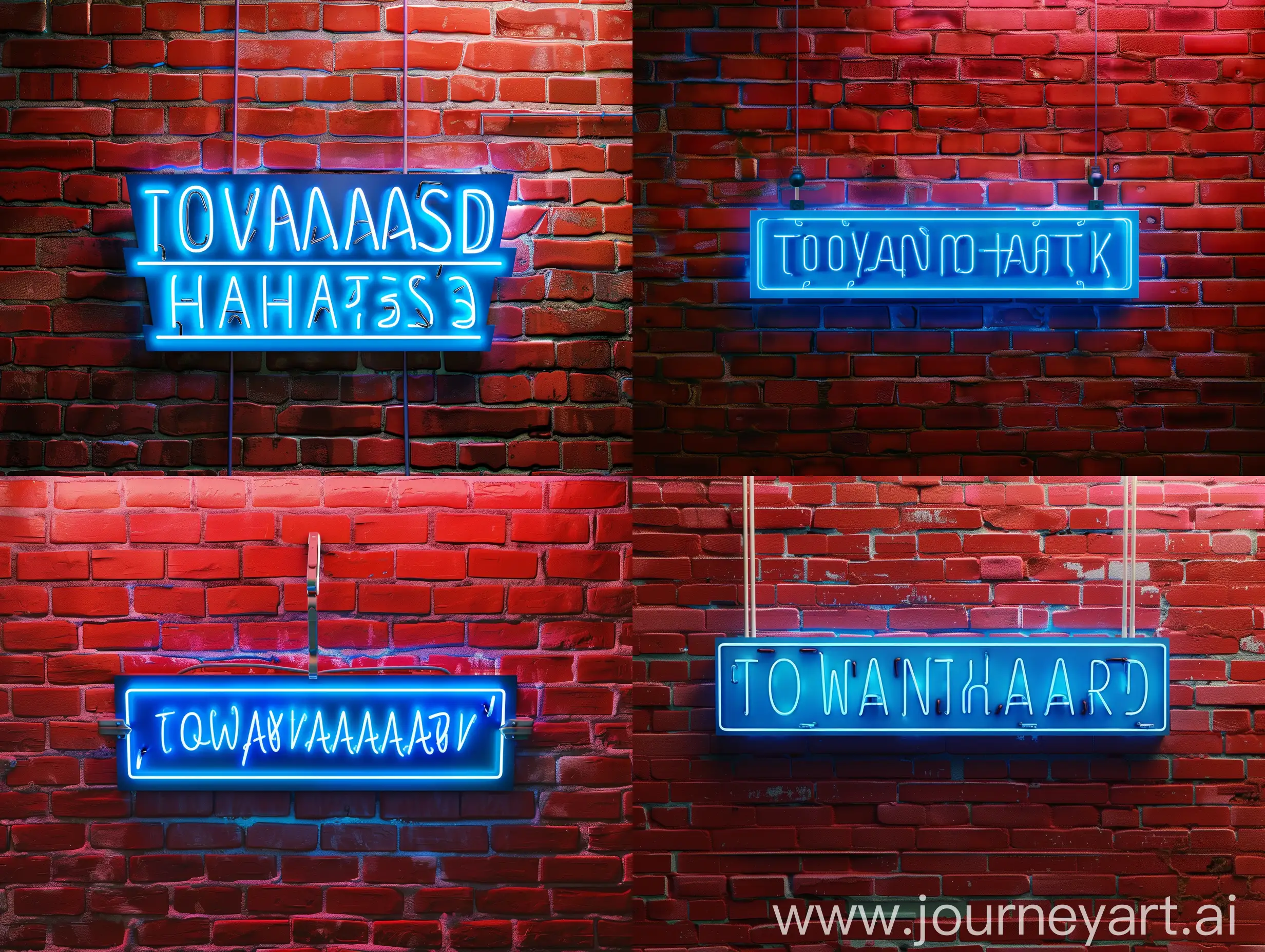 blue neon sign TOWARDSAHEAD on a red brick wall, realistic, rtx