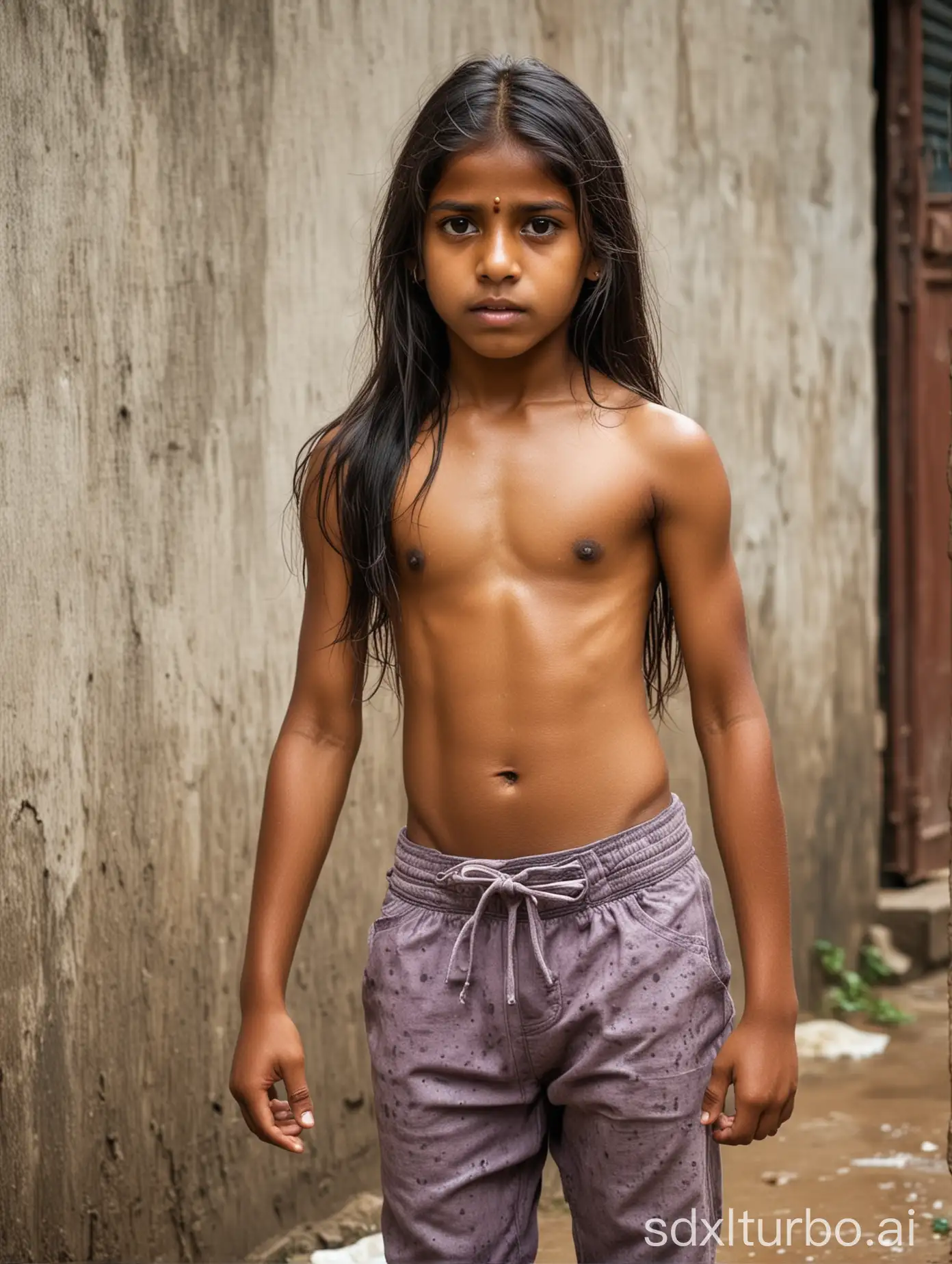8 years old indian girl, long hair, muscular abs, showing belly, poor neighborhood in India, wet