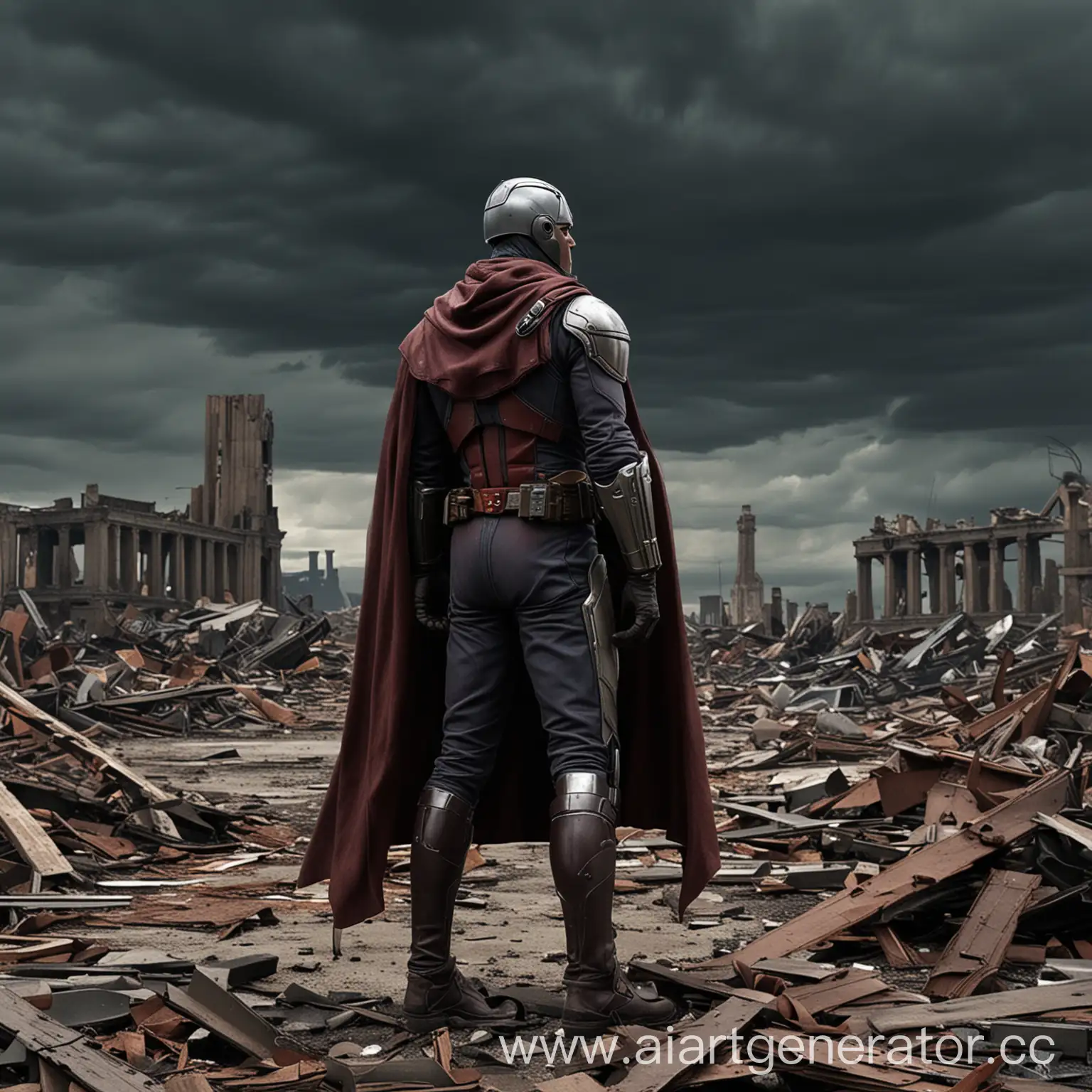 A desolate, post-apocalyptic world, with ruins and dark skies. Magneto stands among the debris, looking determined. [High detail, dramatic lighting]