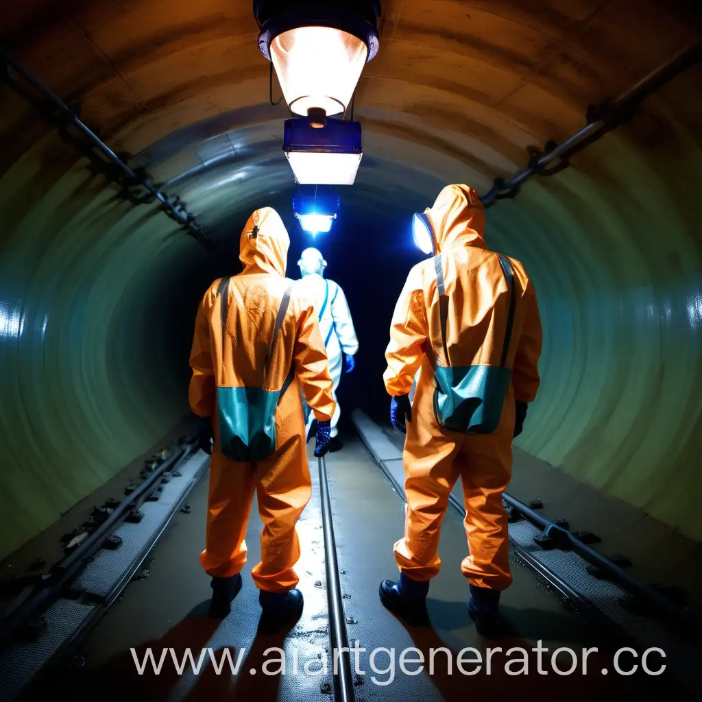 группа из 3 людей в костюмах хим защиты, стоят в тоннеле метро, освещённые фонарём, спиной