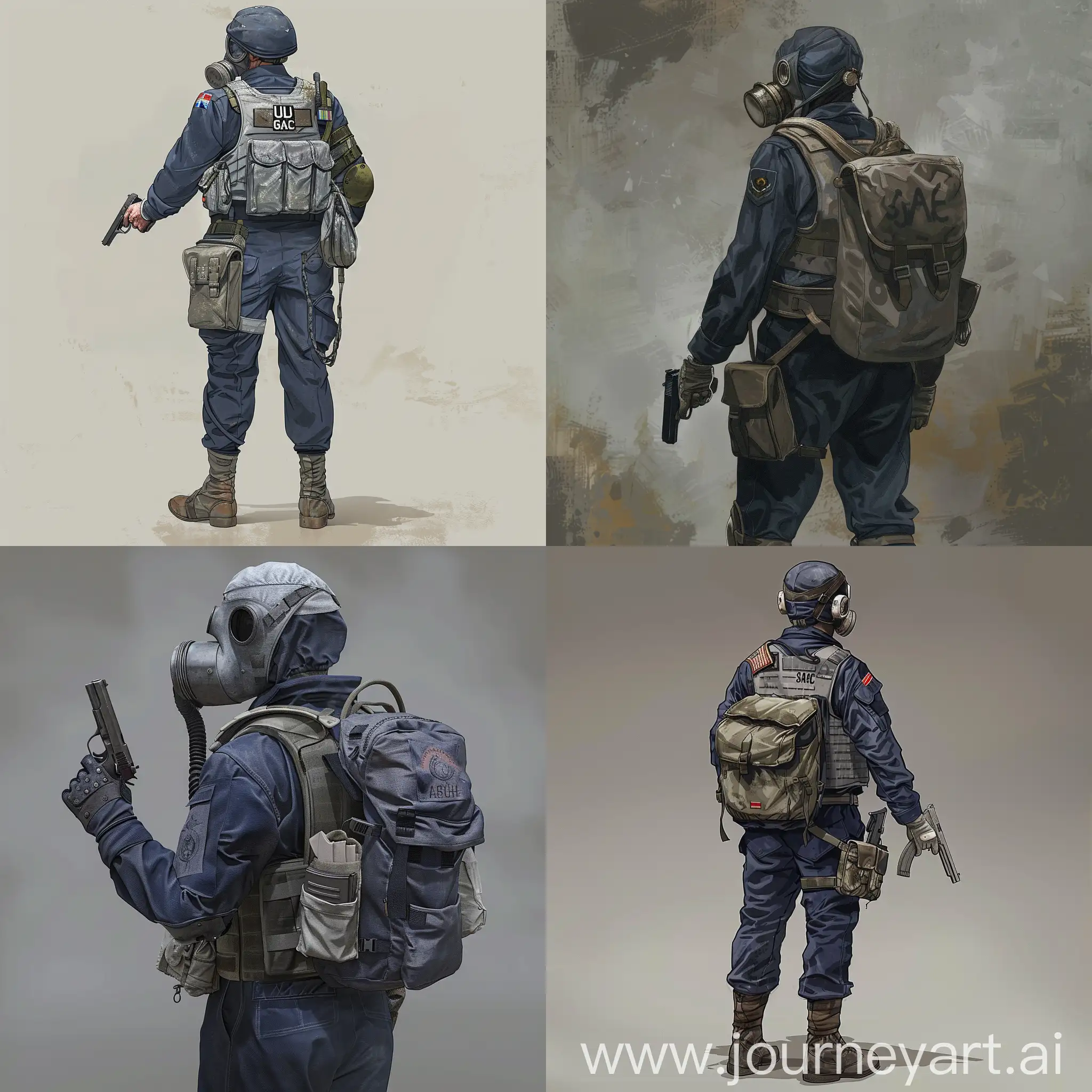 Concept art character British SAS 1960 year, dark blue uniform, gray military vest, gasmask, pistol in one arm, small military backpack on the back.