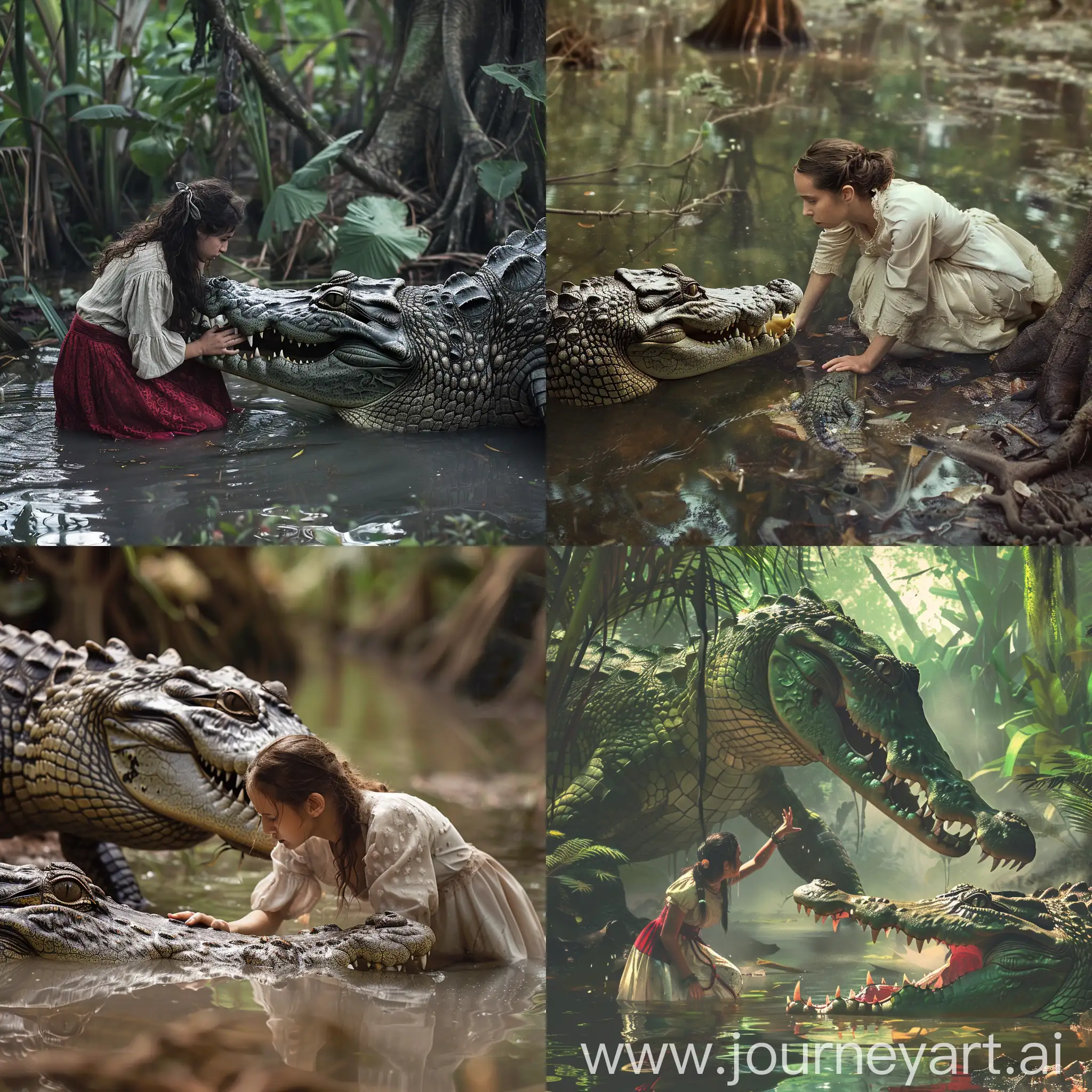 young beautiful Spanish girl begging a giant Crocodile for mercy in a swamp 