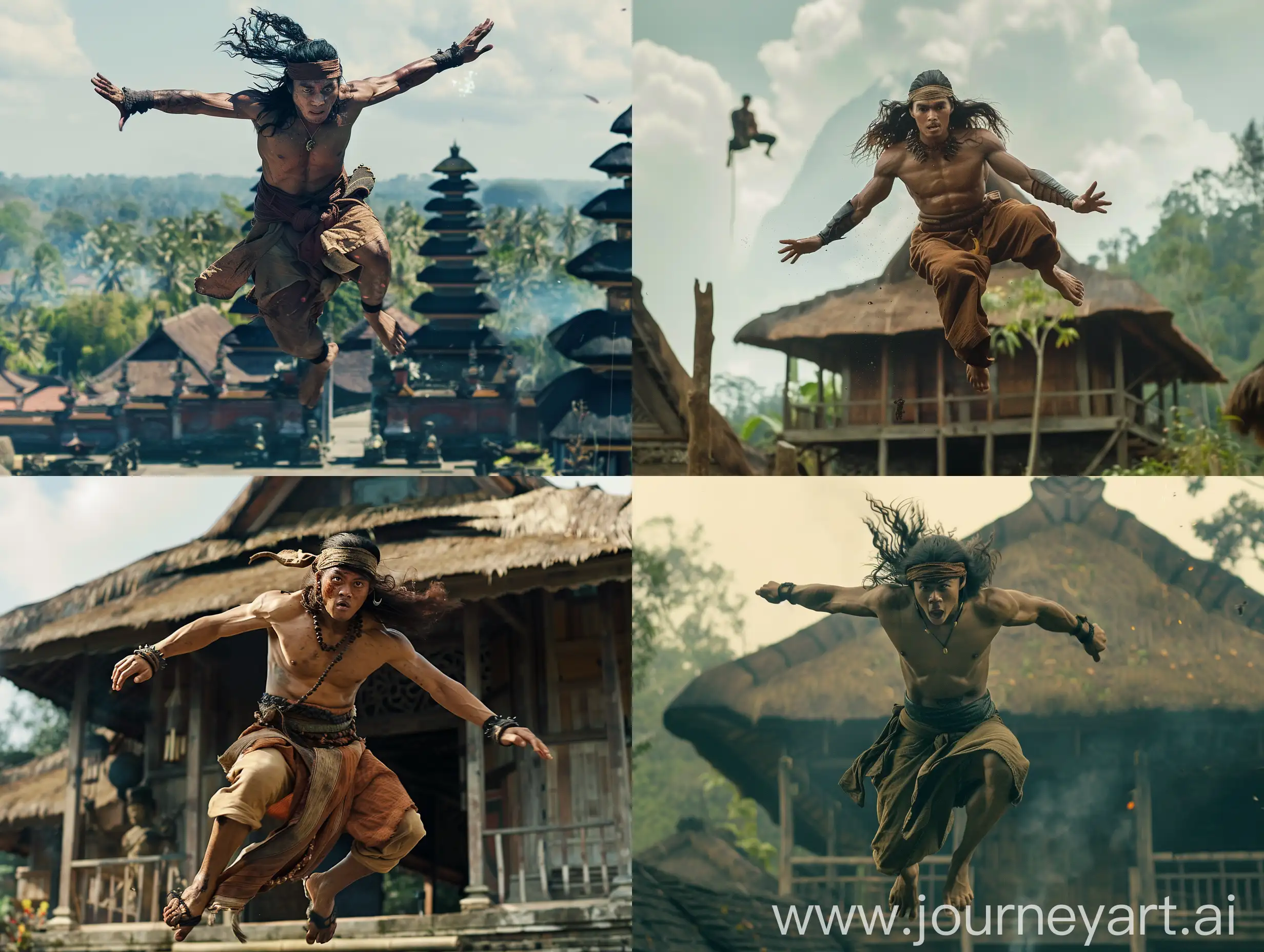 Indonesian royal film scene, full body visible, male warrior, long hair, wearing a cloth headband, brown clothes like the letter V, wearing a sarong and belt, he jumps flying above the joglo house