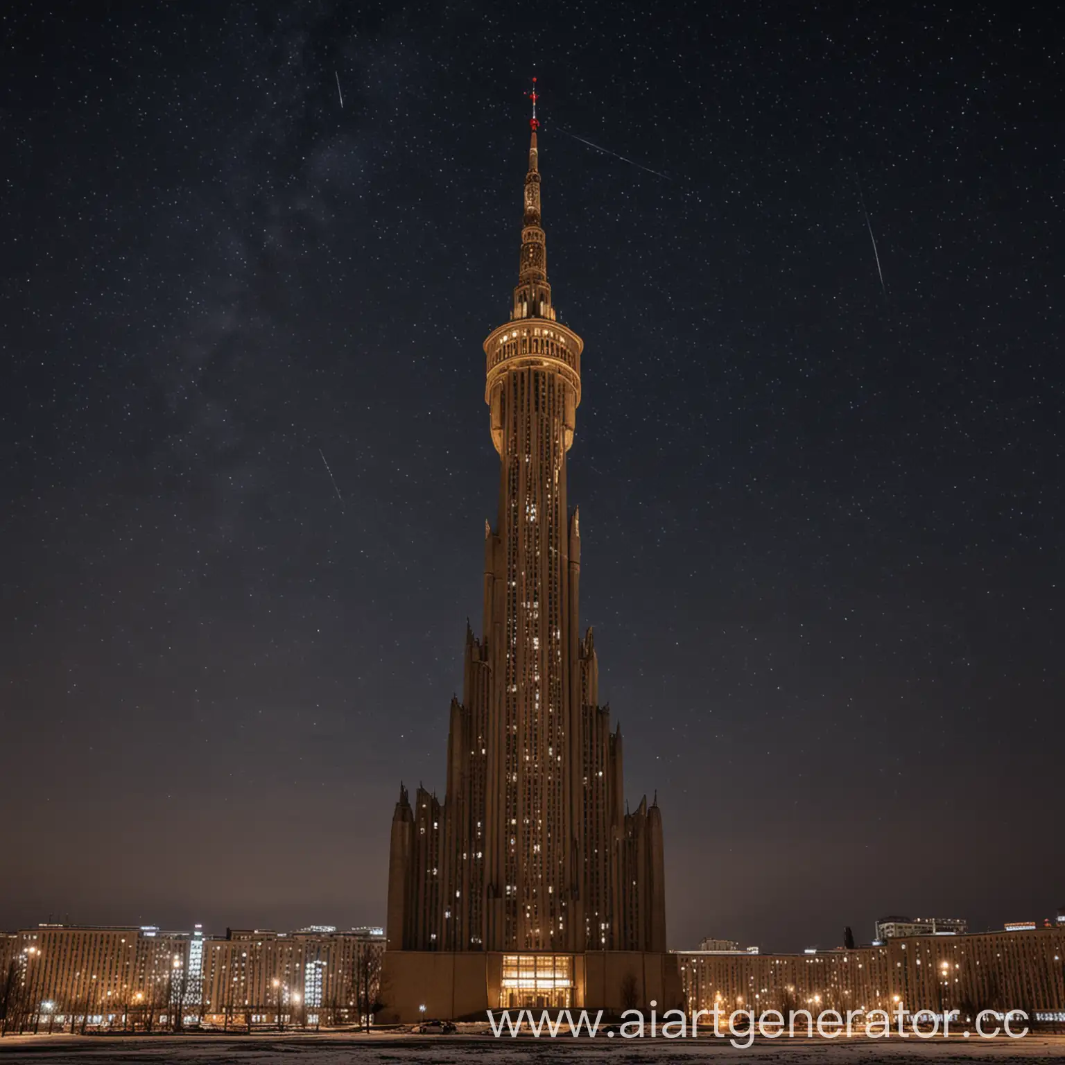 большое, странное, высокое советское здание, округлые формы, высокий шпиль, ночь, звездное небо на фоне