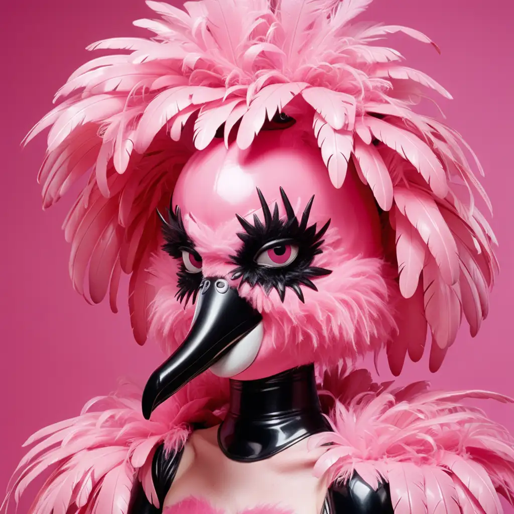 Латексная обнаженная девушка фурри фламинго с розовой латексной кожей покрытой розовыми латексными перьями с черным резиновым клювом вместо рта с мордой фламинго вместо лица