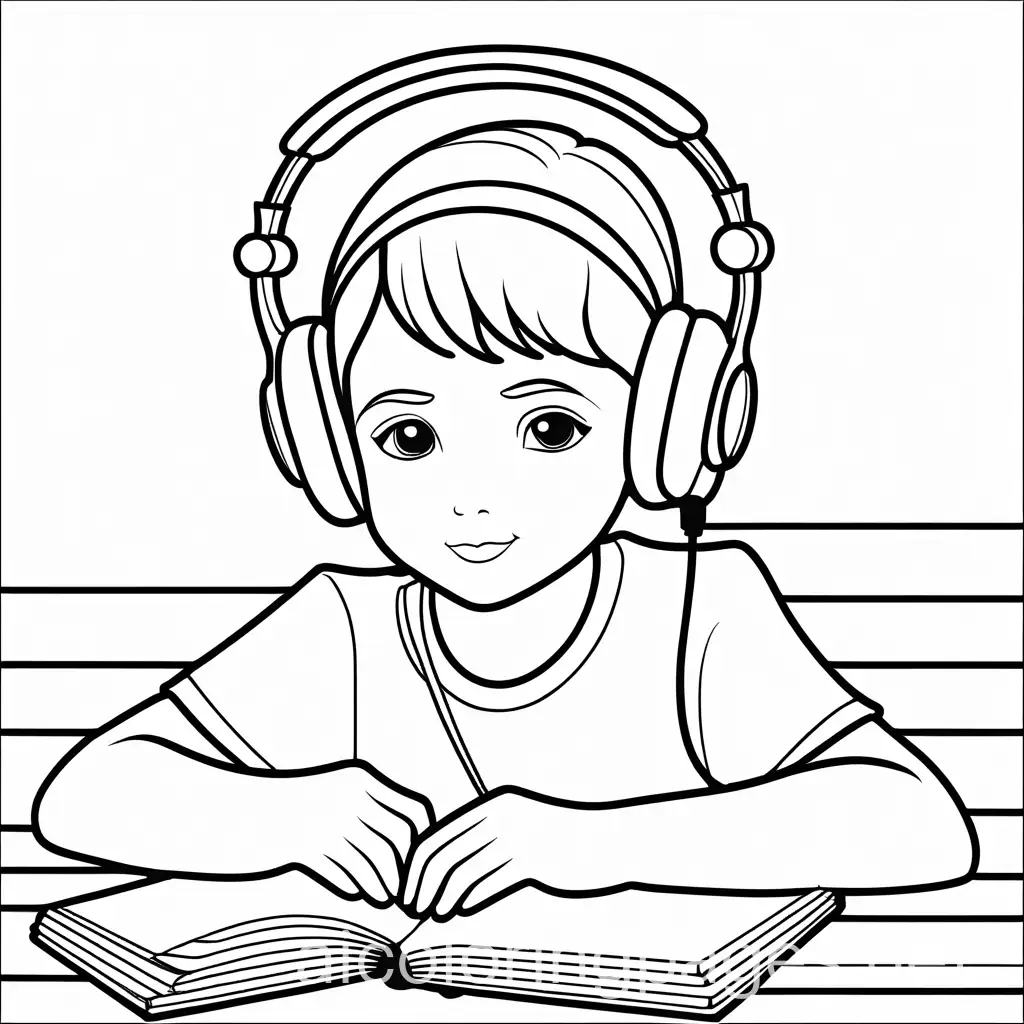 Coloring page kid listening music, Coloring Page, black and white, line art, white background, Simplicity, Ample White Space. The background of the coloring page is plain white to make it easy for young children to color within the lines. The outlines of all the subjects are easy to distinguish, making it simple for kids to color without too much difficulty