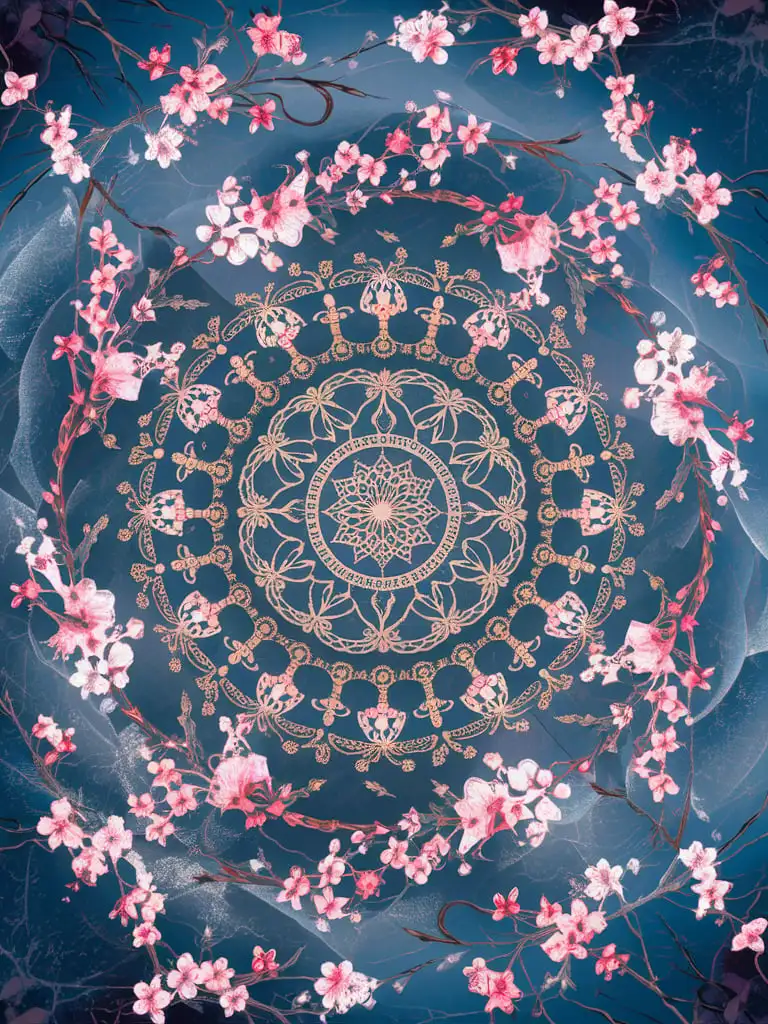 mystical art include a mandala, cherry blossoms 