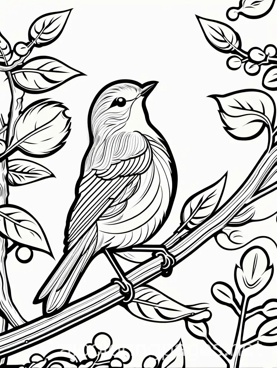 A cute robin perched on a tree branch with a worm in its beak. (with a white background), Coloring Page, black and white, line art, white background, Simplicity, Ample White Space. The background of the coloring page is plain white to make it easy for young children to color within the lines. The outlines of all the subjects are easy to distinguish, making it simple for kids to color without too much difficulty