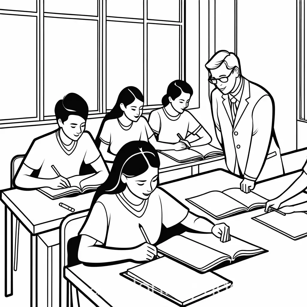 Students studying in class with a teacher


, Coloring Page, black and white, line art, white background, Simplicity, Ample White Space. The background of the coloring page is plain white to make it easy for young children to color within the lines. The outlines of all the subjects are easy to distinguish, making it simple for kids to color without too much difficulty