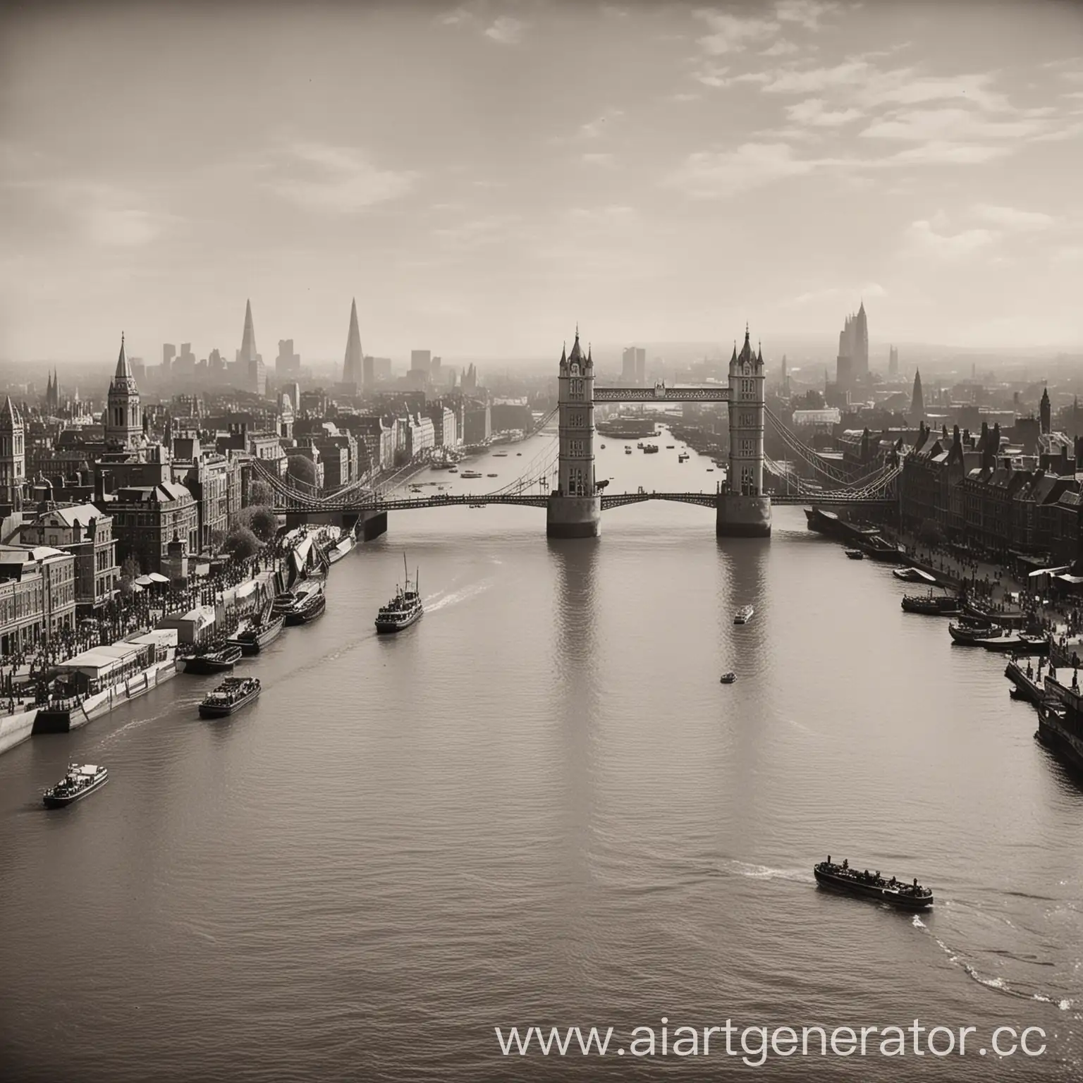 Черно-белая картинка. Река Темза и вид на Тауэрский мост в 19 веке 