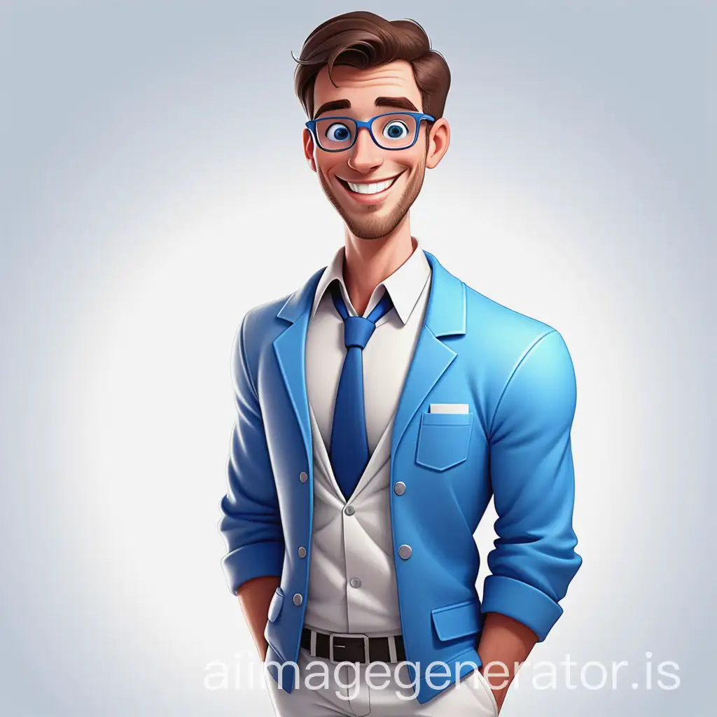 A good looking male young cartoon type teacher smiling with or blue white outfit