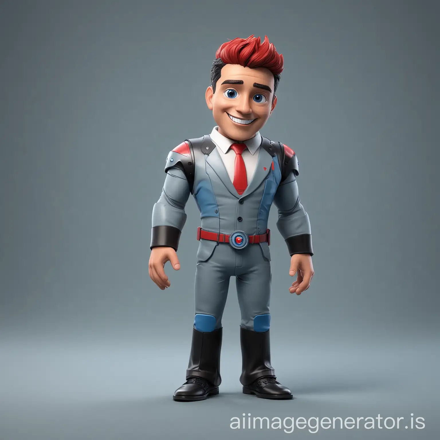 Fictional character, with technological and human characteristics, main figure of a digital marketing agency, friendly, happy, approachable, innovative, formal appearance, in color scheme gray, blue, red and black