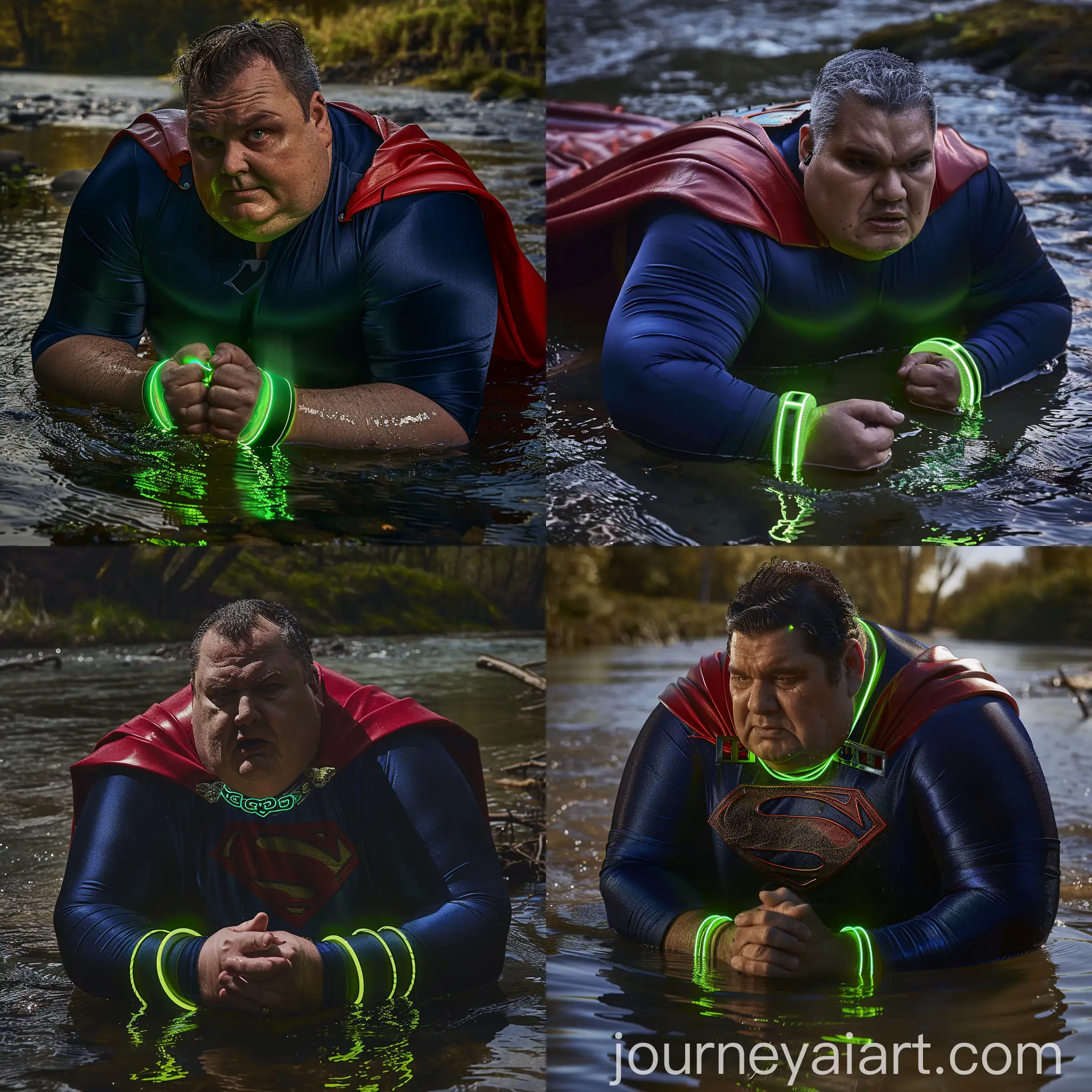 Fearful-Elderly-Man-in-Superman-Costume-with-Glowing-Cuffs-Crawling-in-River