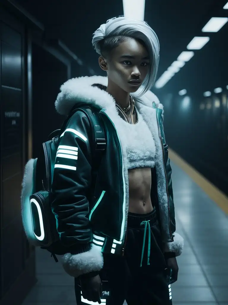 teen femboy hacker, white hair, outfit with bioluminescent details,  jacket over fluffy crop top, backpack, dystopian cyberpunk subway station, low light, dark shadows, fluffy fur-trim
