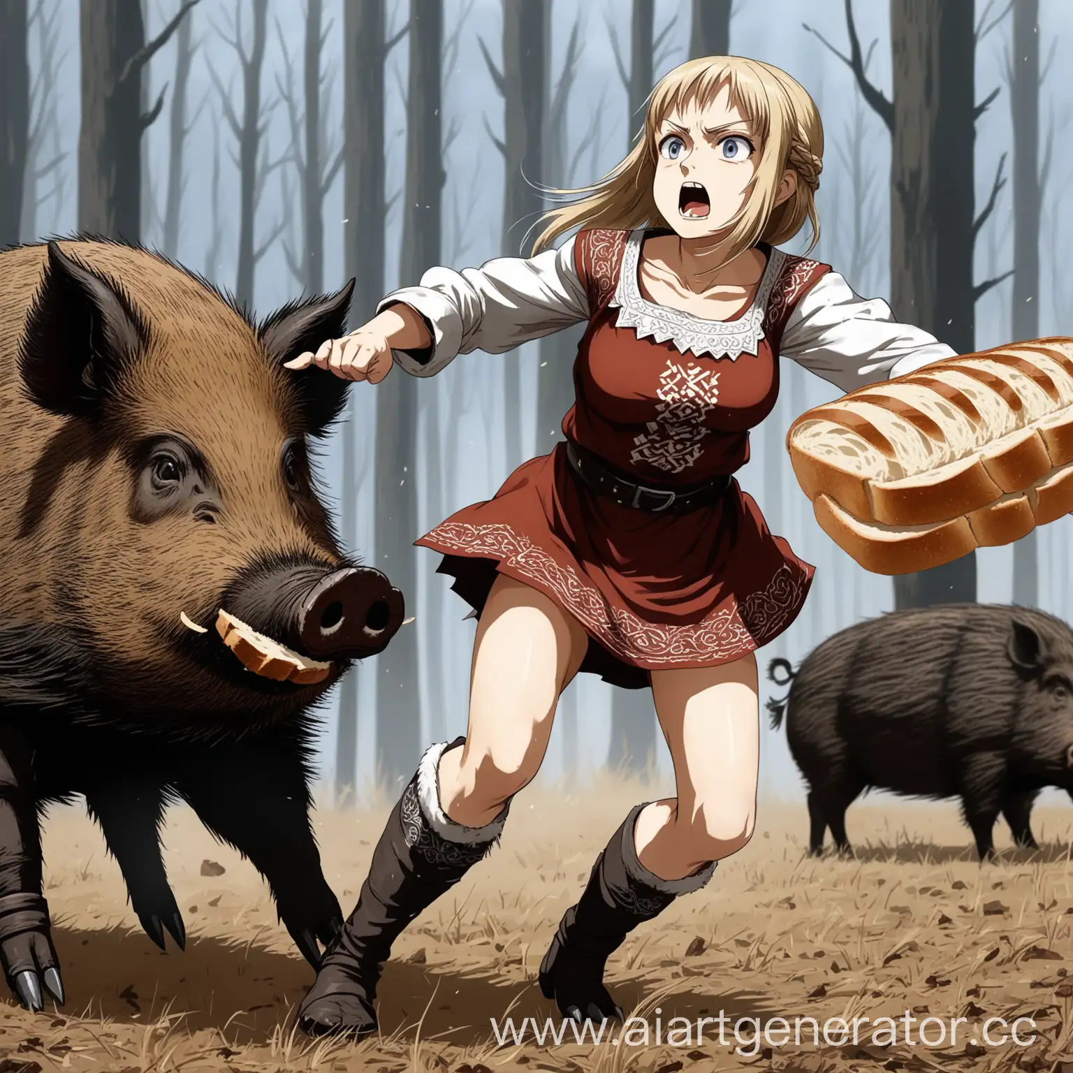 анимешная девушка славянка сражается с диким кабаном за кусок хлеба