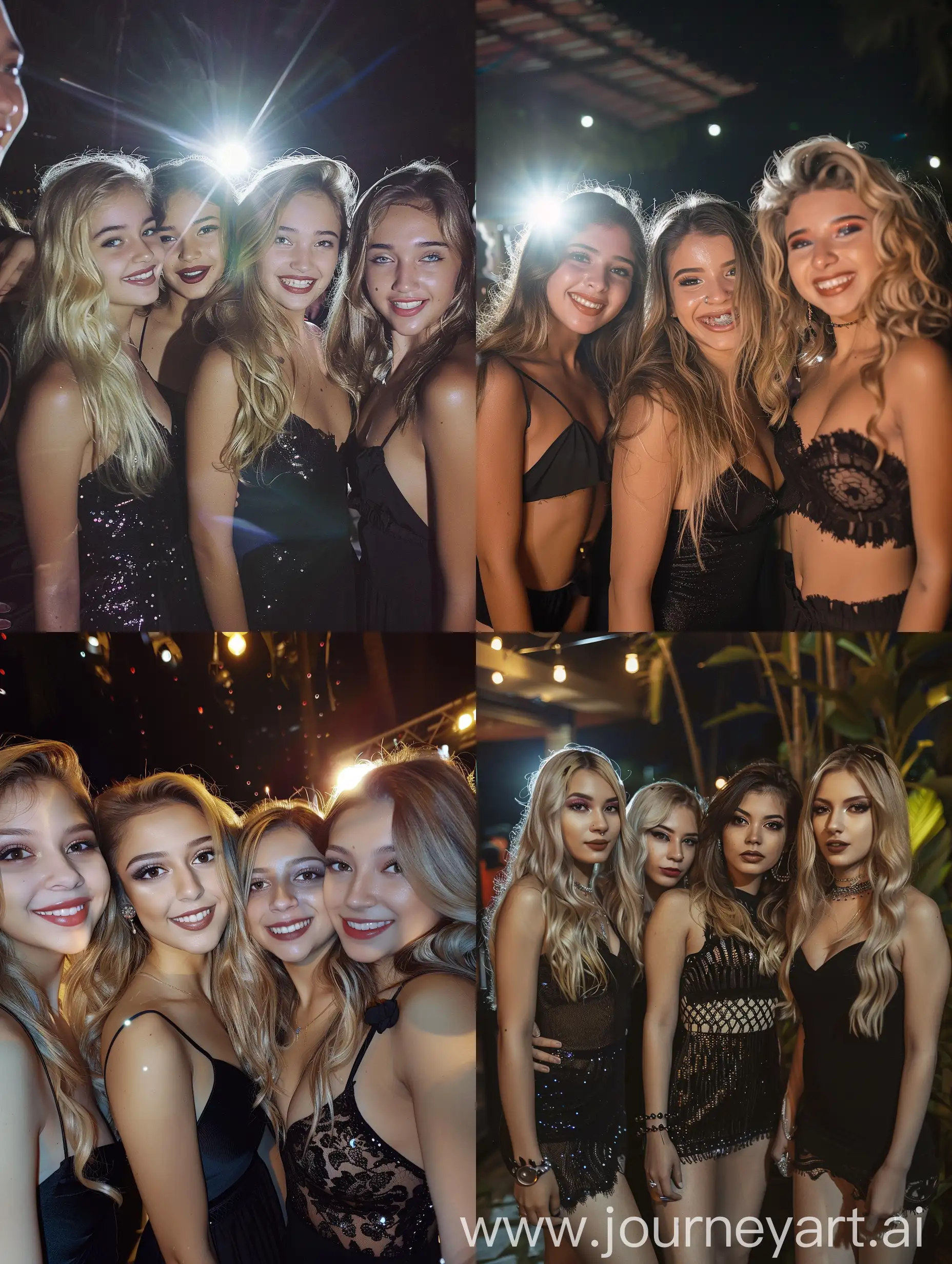 4 brasilian  girls, 19 years old, blond hair, at the party, at night, flash, flash light, , makeup, beauty, black dress, 