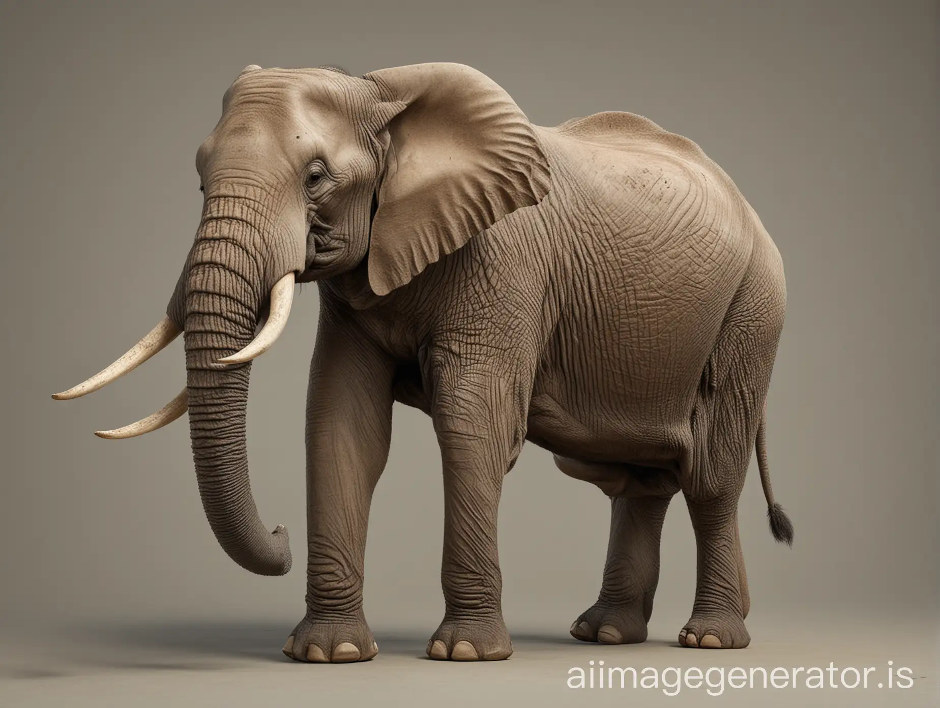 Realistic male elephant, with long tusks, posing, neutral background