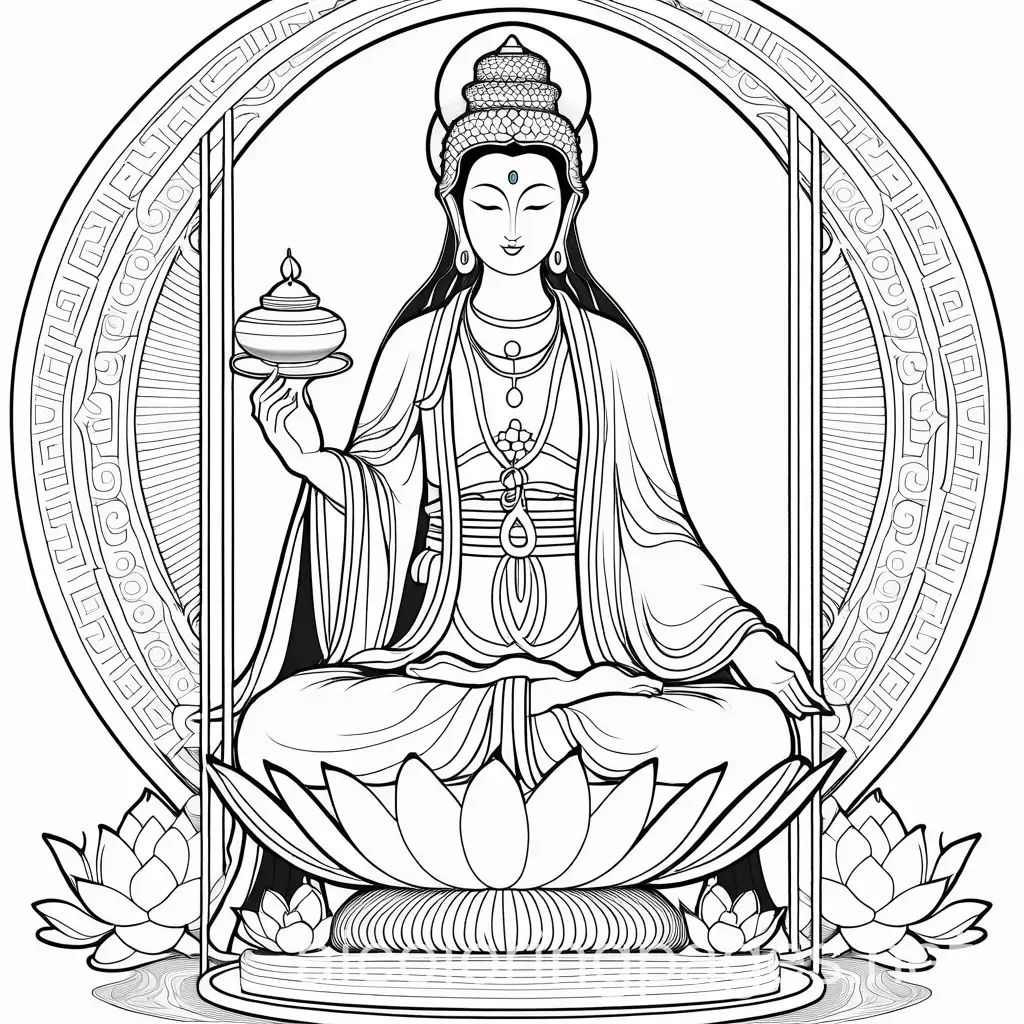lotus  Kwan yin goddess  water vase, Coloring Page, black and white, line art, white background, Simplicity, Ample White Space. The background of the coloring page is plain white to make it easy for young children to color within the lines. The outlines of all the subjects are easy to distinguish, making it simple for kids to color without too much difficulty
