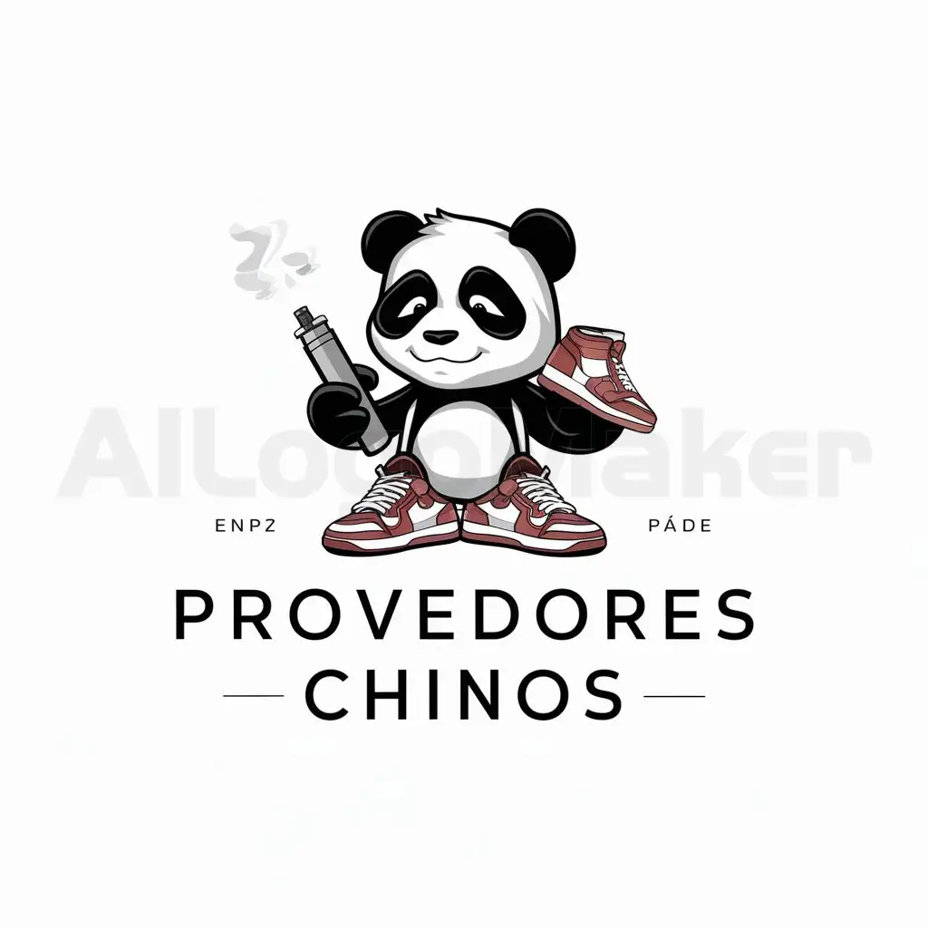 a logo design,with the text PROVEDORES CHINOS, main symbol:oso panda with a vaper a sneaker and some airpods,complex,be,clear background