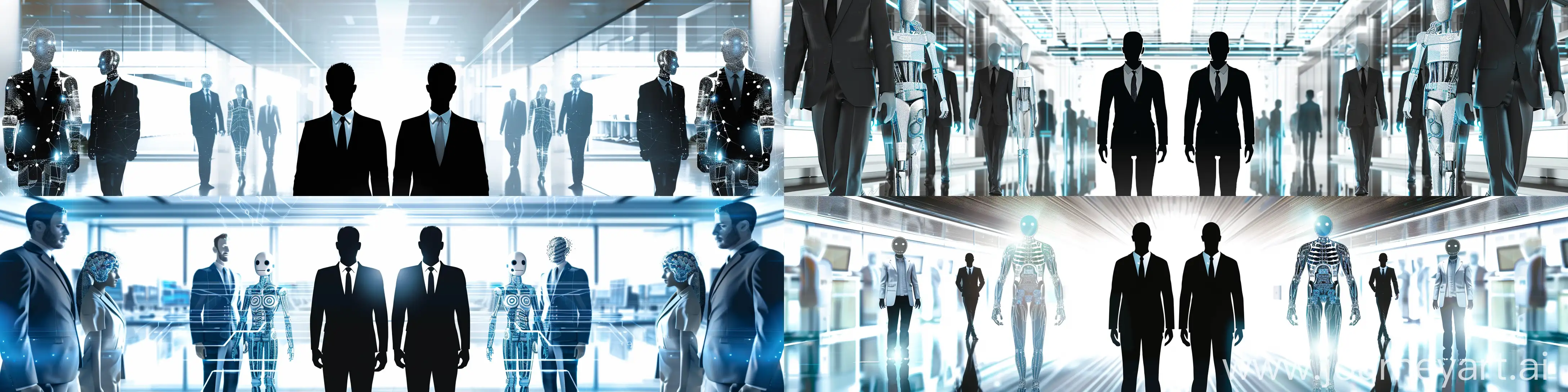 /imagine prompt: A social media banner for job seekers featuring AI agency and high-performance computing. Two central black silhouette figures representing CTO and CEO in suits, with 2-3 silver-blue-white AI agent engineers and managers on either side. The background is a sleek, modern business setting, minimalistic and professional, following the "less is more" philosophy. The image should feel visionary and connected. Created using: sleek vector graphics, modern minimalism, clean business aesthetics, futuristic elements, soft lighting, hd quality, natural look --ar 4:1 --v 6.0