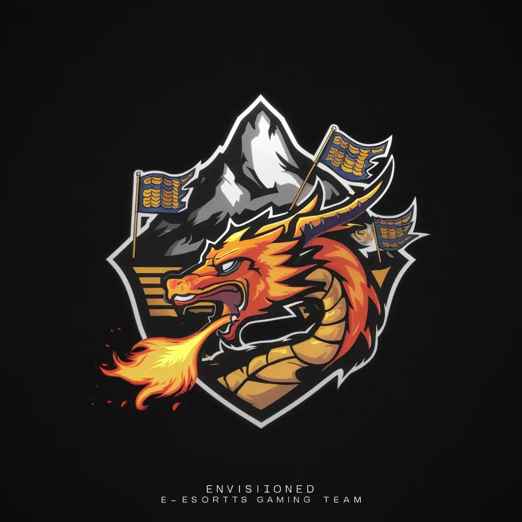 a logo design,with the text "ENVY", main symbol:A coloured logo with a plain black background.  A dragon with flames, a horizontal mountain like kanchenjunga, buddhist prayer flags ultimately making it look like an esports gaming team logo.  No texts or letters on it,complex,clear background