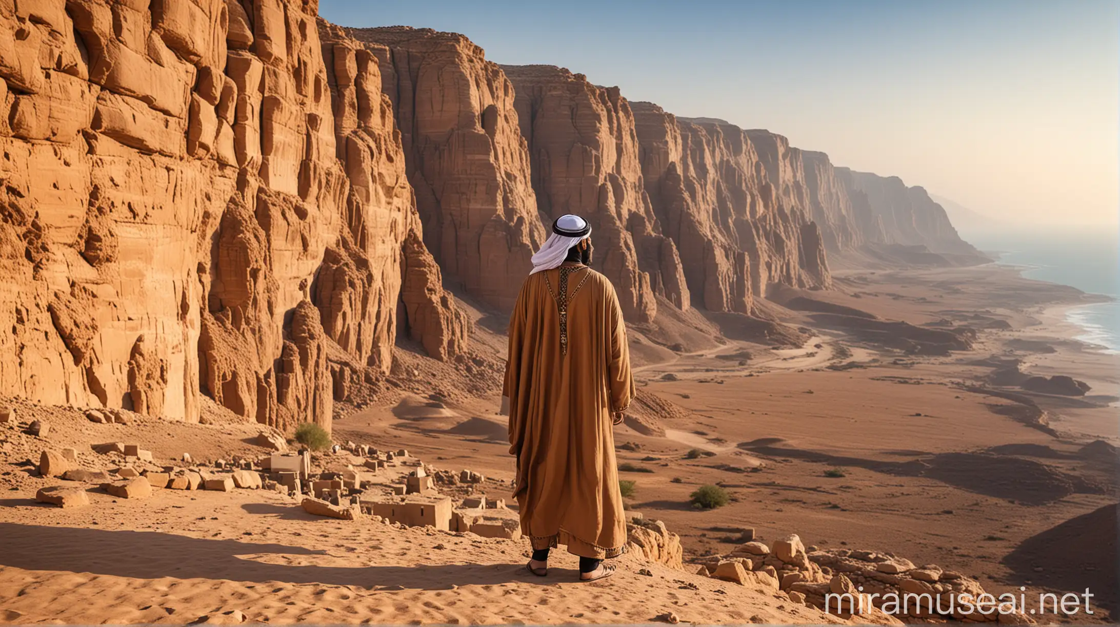 Arab man wearing ancient mesehi clothing facing a stunning cliff view...