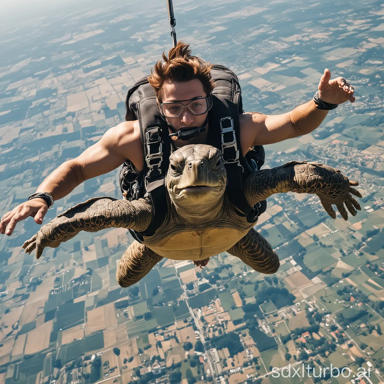 Ein Mensch und eine Schildkröte machen zusammen Fallschirmspringen
