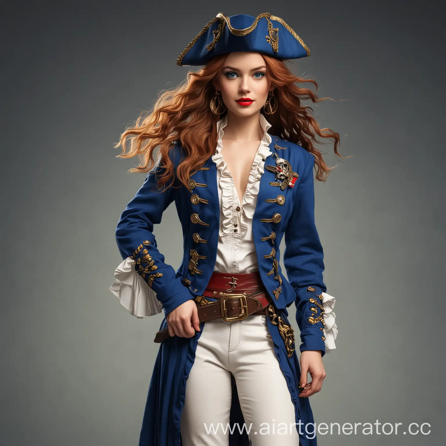 Девушка капитанпиратов, с прямыми русыми волосами, светлой кожей, голубыми глазами, с красными губами, носит золотые серёжки- обручи и одну дополнительную серёжку с голубым сапфиром на правом ухе, носит голубой капитанский жакет, голубую треугольную пиратскую шляпу Джека Воробья, белую рубашку с рюшками на груди, голубые облегающие штаны, высокие коричневые сапоги на каблуке и сабля висит на коричневом поясе, который закреплён на бёдрах.
