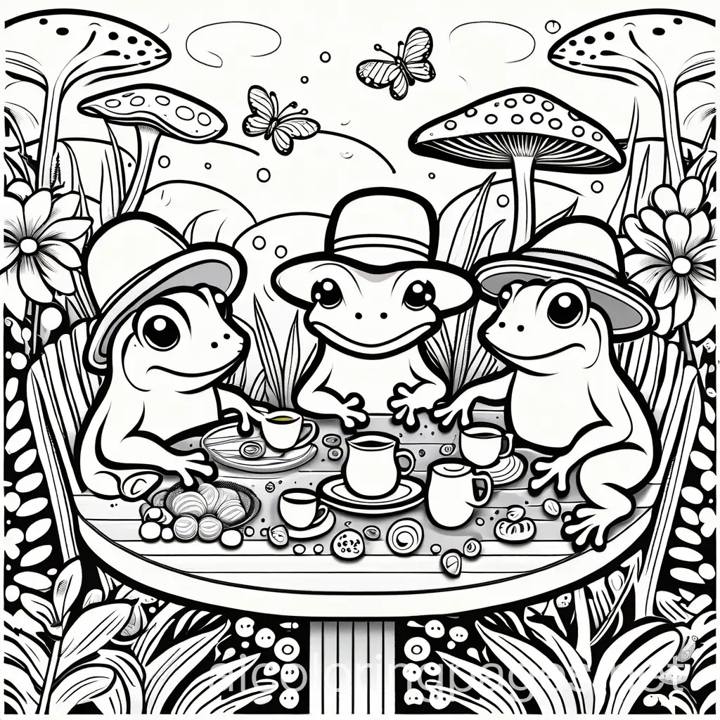 frogs wearing mushroom hats in a garden full of flowers. sitting at a table with tea and snacks, Coloring Page, black and white, line art, white background, Simplicity, Ample White Space. The background of the coloring page is plain white to make it easy for young children to color within the lines. The outlines of all the subjects are easy to distinguish, making it simple for kids to color without too much difficulty