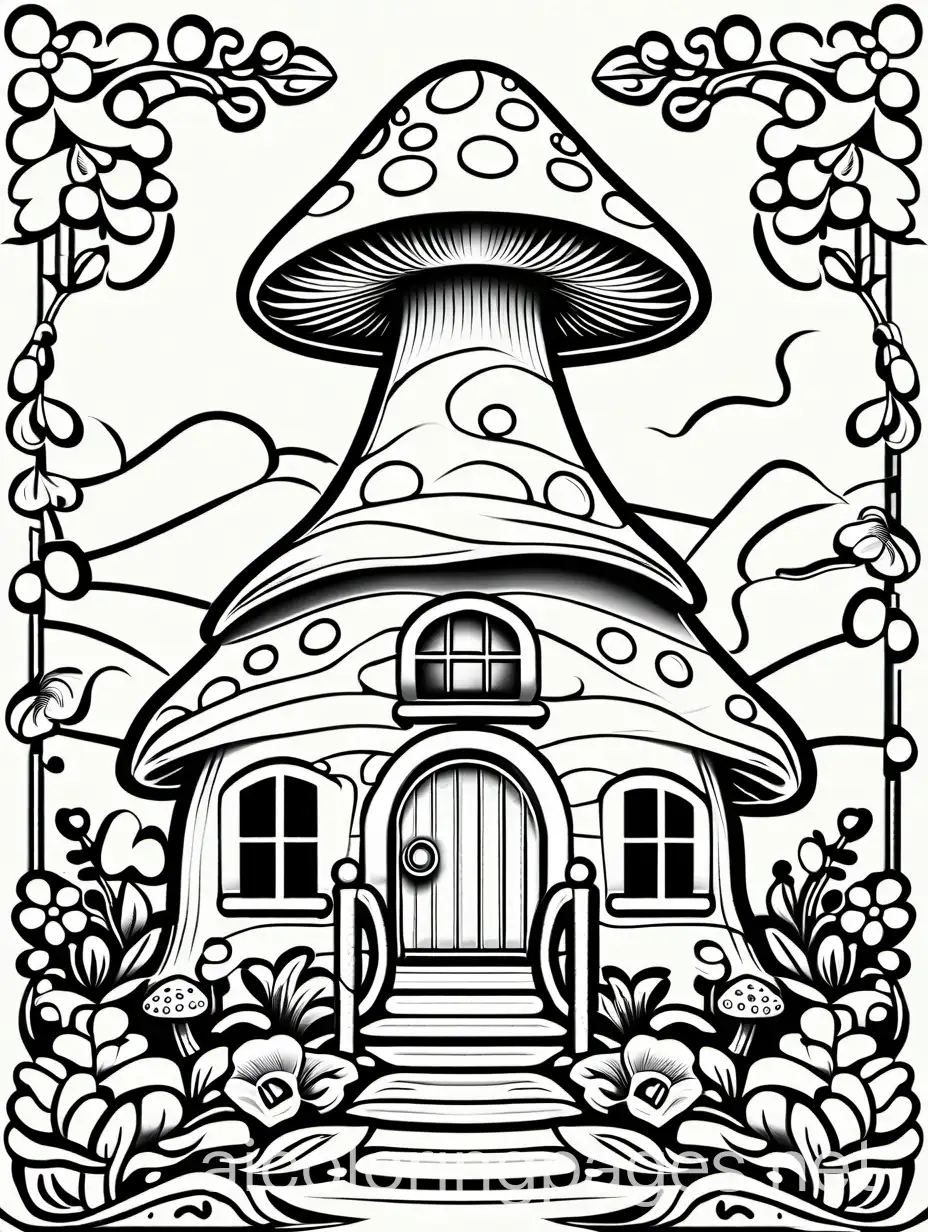 cottage core mushroom house, coloring book,, Coloring Page, black and white, line art, white background, Simplicity, Ample White Space. The background of the coloring page is plain white to make it easy for young children to color within the lines. The outlines of all the subjects are easy to distinguish, making it simple for kids to color without too much difficulty