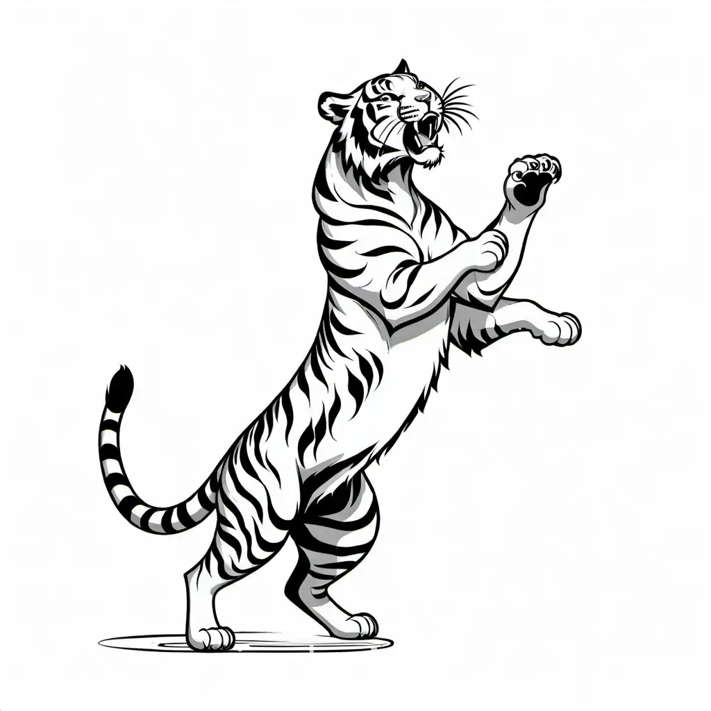 tiger standing on hind legs roaring, Coloring Page, black and white, line art, white background, Simplicity, Ample White Space. The background of the coloring page is plain white to make it easy for young children to color within the lines. The outlines of all the subjects are easy to distinguish, making it simple for kids to color without too much difficulty