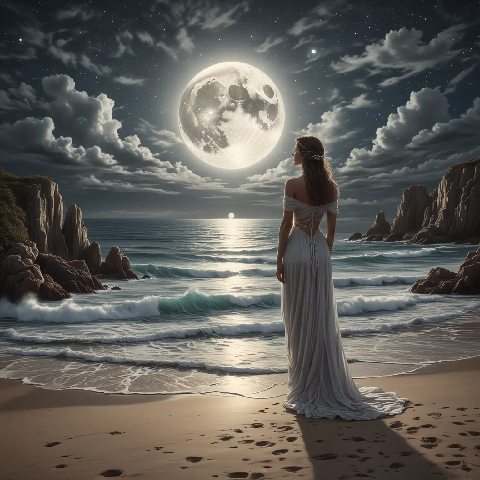 mystical drawing of beautiful woman looking to the ocean with ritual space, full moon in background

