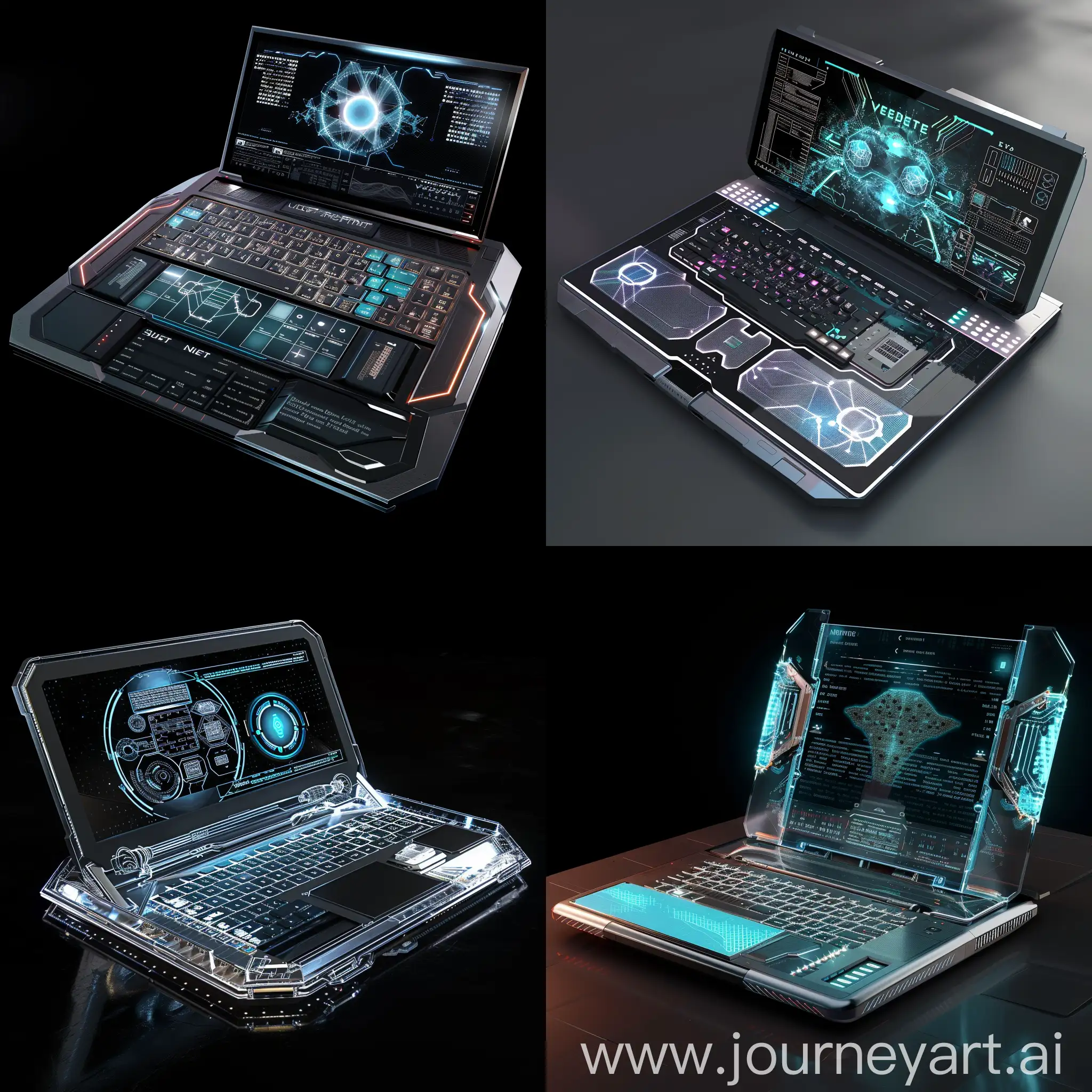 Futuristic laptop, in futuristic style, Quantum Computing Processor, Graphene-based Transistors, Optical Data Transfer, AI-Enhanced Neural Processing Unit (NPU), Holographic Storage, Holographic Storage, Energy Harvesting Modules, Bio-Sensing Security, Advanced Thermal Management, Modular Upgrade System, Flexible and Foldable Displays, Holographic Projection Interface, Transparent and Translucent Body, E-Ink Secondary Display, Haptic Feedback Touchpad and Keyboard, Solar-Powered Charging Surface, Adaptive and Programmable Keyboard, Augmented Reality (AR) Integration, Advanced Biometric Authentication, Magnetic and Modular Port System, Graphene-Based Components, Carbon Nanotube Transistors, Titanium Alloy Structural Frame, Nano-Composite Materials, Aerogel Insulation, 3D-Printed Internal Parts, Solid-State Batteries, Magnesium-Lithium Alloy Casings, Flexible Circuitry, High-Density Microchip Integration, Carbon Fiber Chassis, Liquidmetal Hinge, Reinforced Flexible Displays, Ceramic-Coated Exterior, Thin Titanium-Lithium Alloy Body, Corning Gorilla Glass Protection, Modular and Magnetically Attached Accessories, Self-Healing Polymers, E-Paper Secondary Display, Advanced Thermal Management Surfaces, unreal engine 5 --stylize 1000