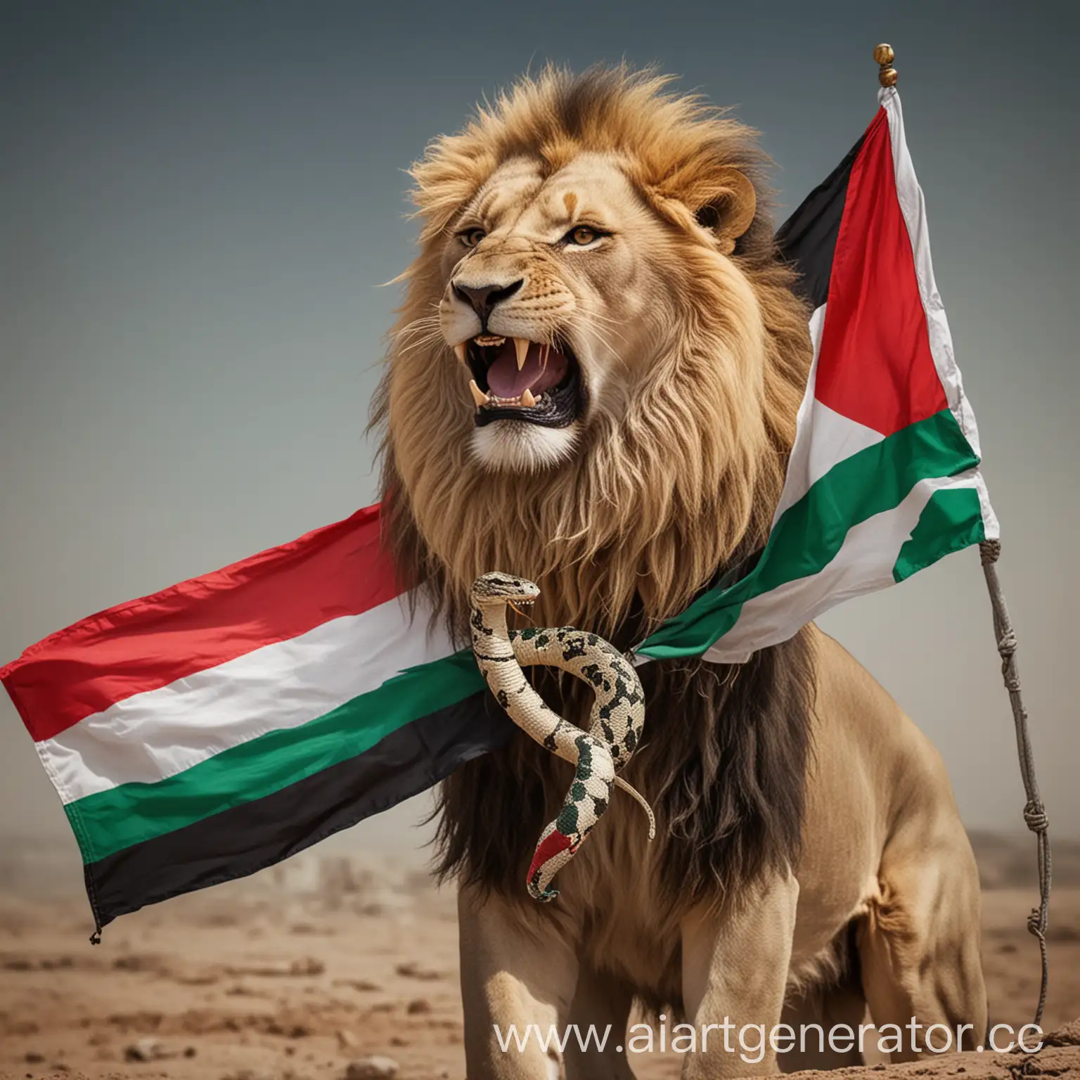 лев с флагом палестины душит змею с флагом израиля