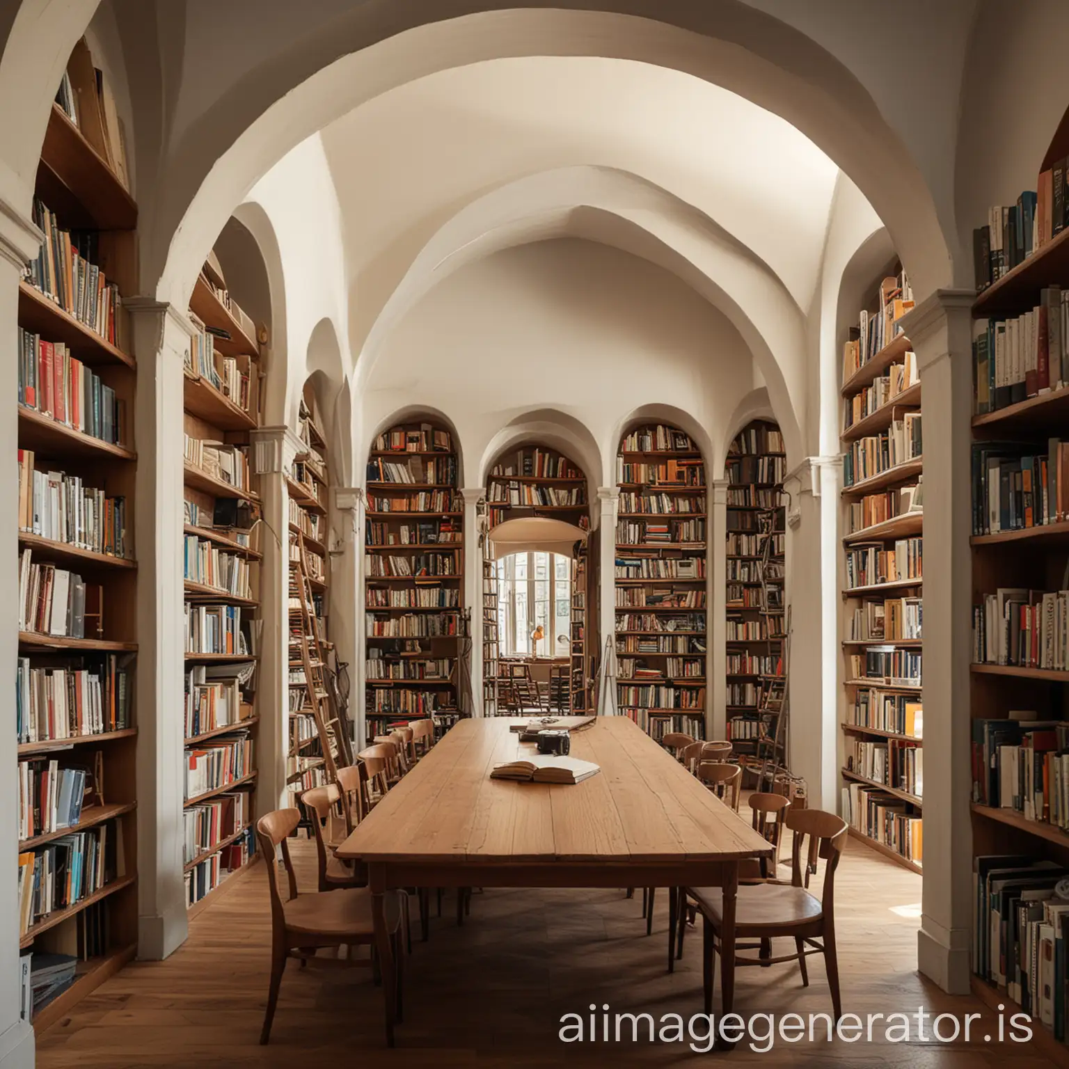 библиотека с обилием книг, высокими полками, большой аркой, большим столом