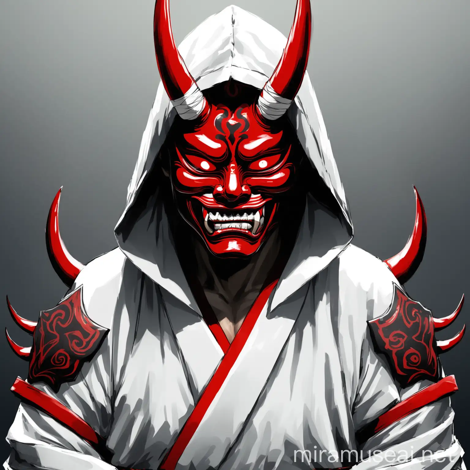 Man with red Oni mask, white kimono and bandages on both arms and hood