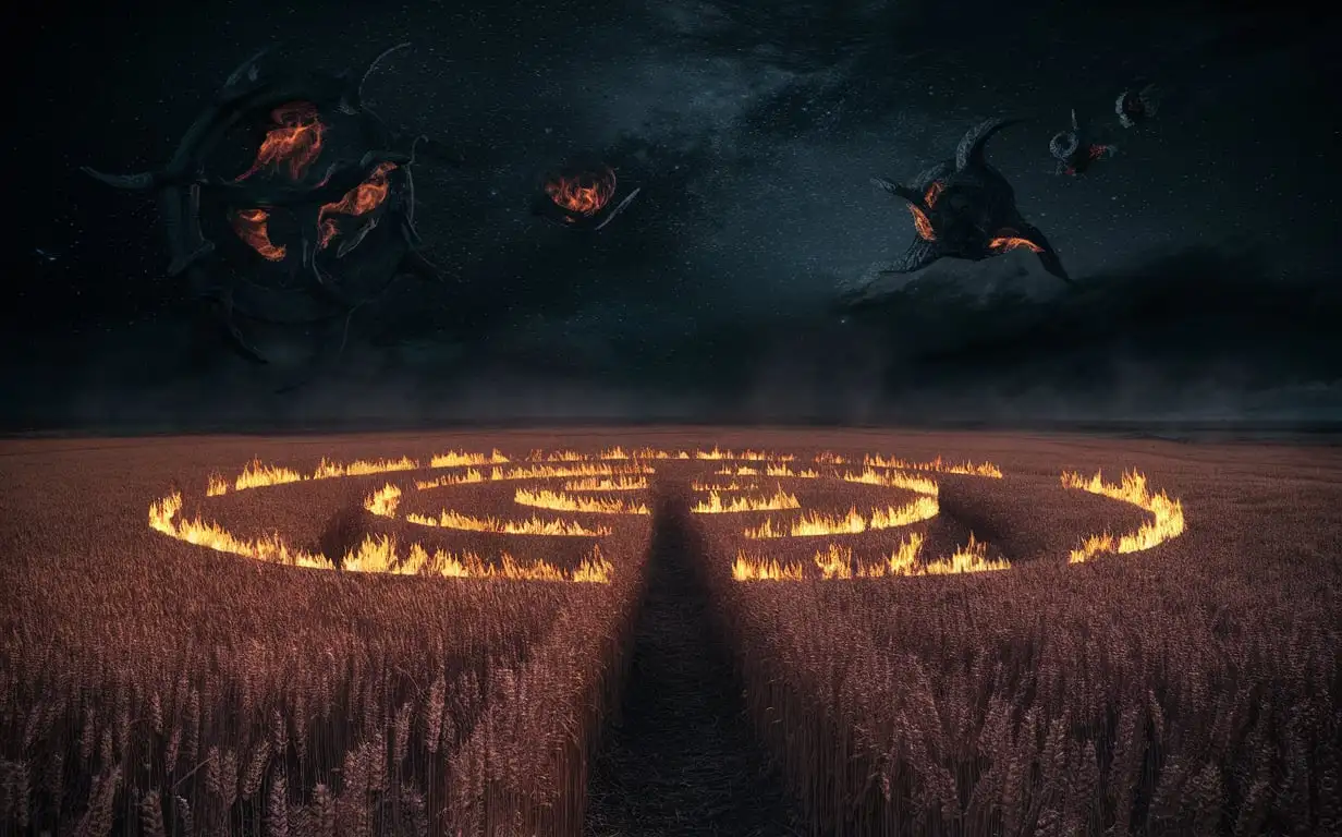 Fiery Round Labyrinth Over Rye Field in Hellish Space Photorealistic Concept Art
