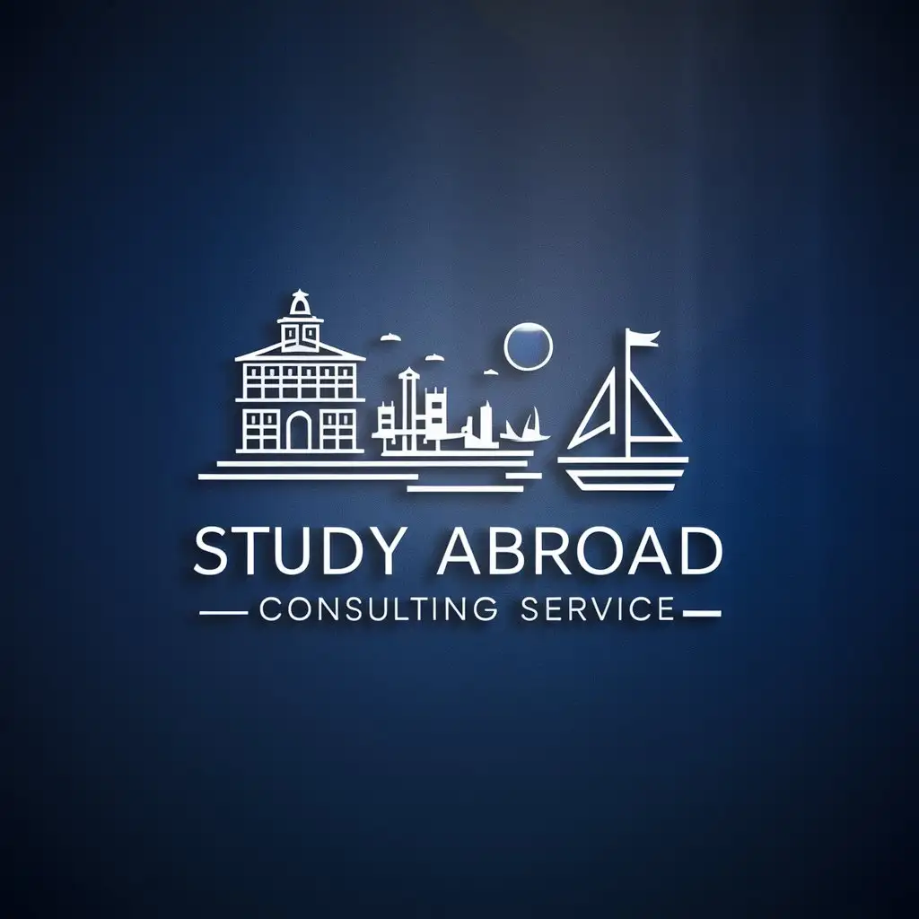 a logo design,with the text "Study Abroad Consulting Service", main symbol:university teaching building; harbor; sailboat; blue background; text small,Minimalistic,be used in Education industry,clear background