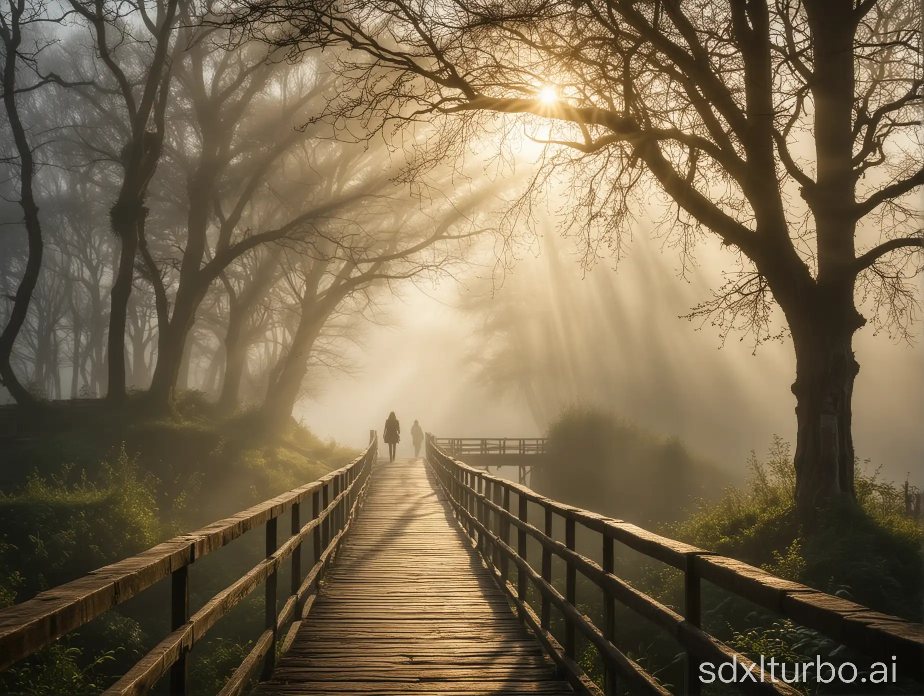 Mystische Landschaft, Nebel, Baum, Person, Brücke, Sonnenstrahlen