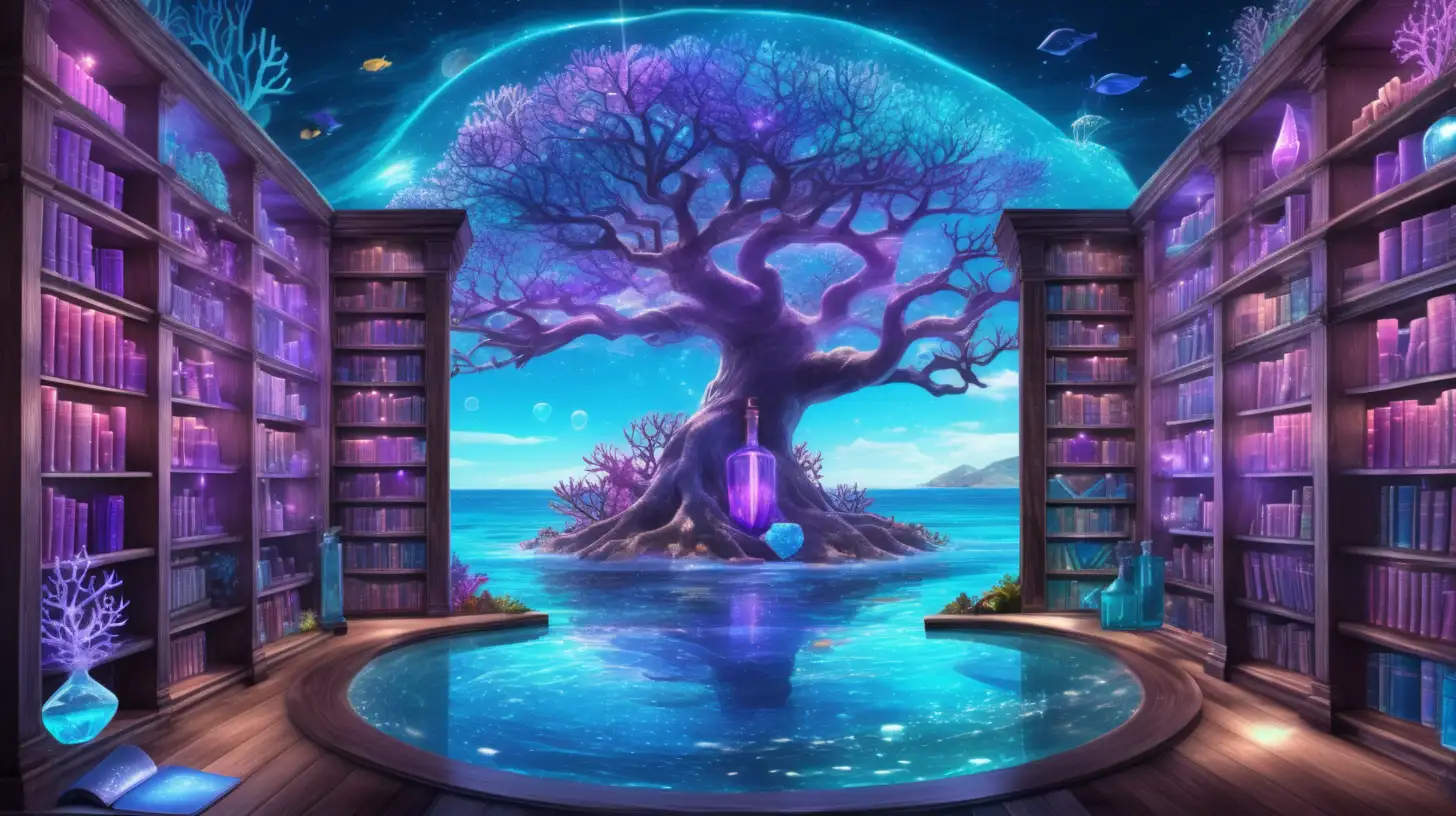 Ocean library with water-floors, a majestic-giant-magical-tree glowing-with potions and bright sky blues lights and bright purple potion-sparkles-lights of Blues and turquoise with purple-corals of magical potions on dark wooden bookshelves and a window showing a underwater ocean coral garden with colorful lights